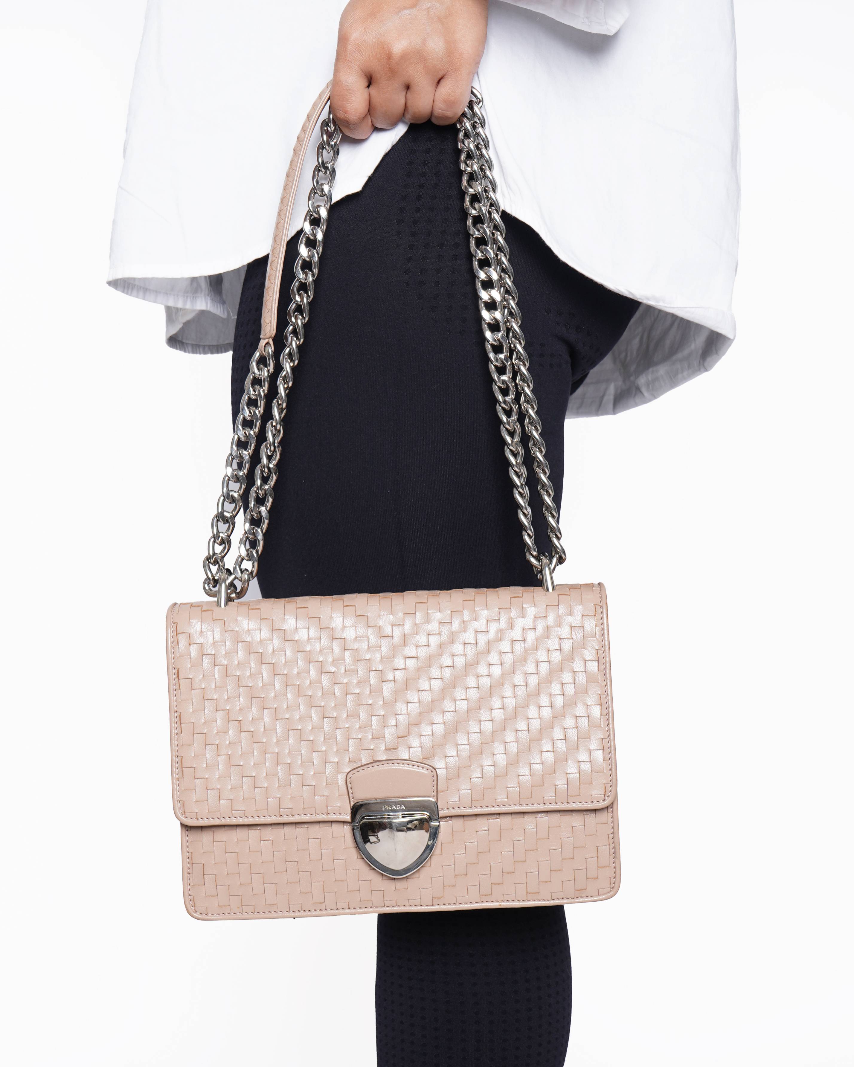 Prada Beige Madras Woven Leather Chain Flap Bag