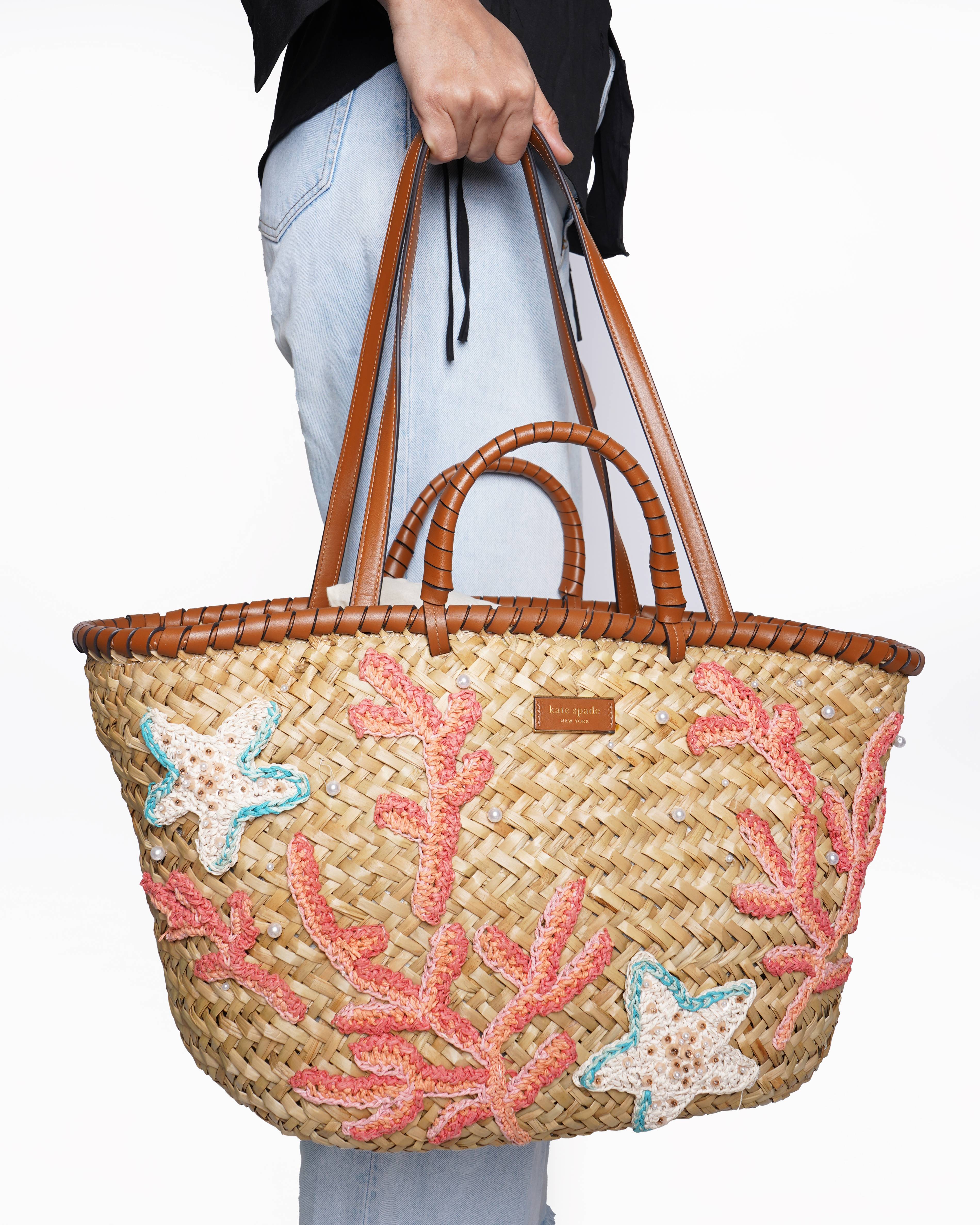 Kate spade what the shell embellished straw large tote bag