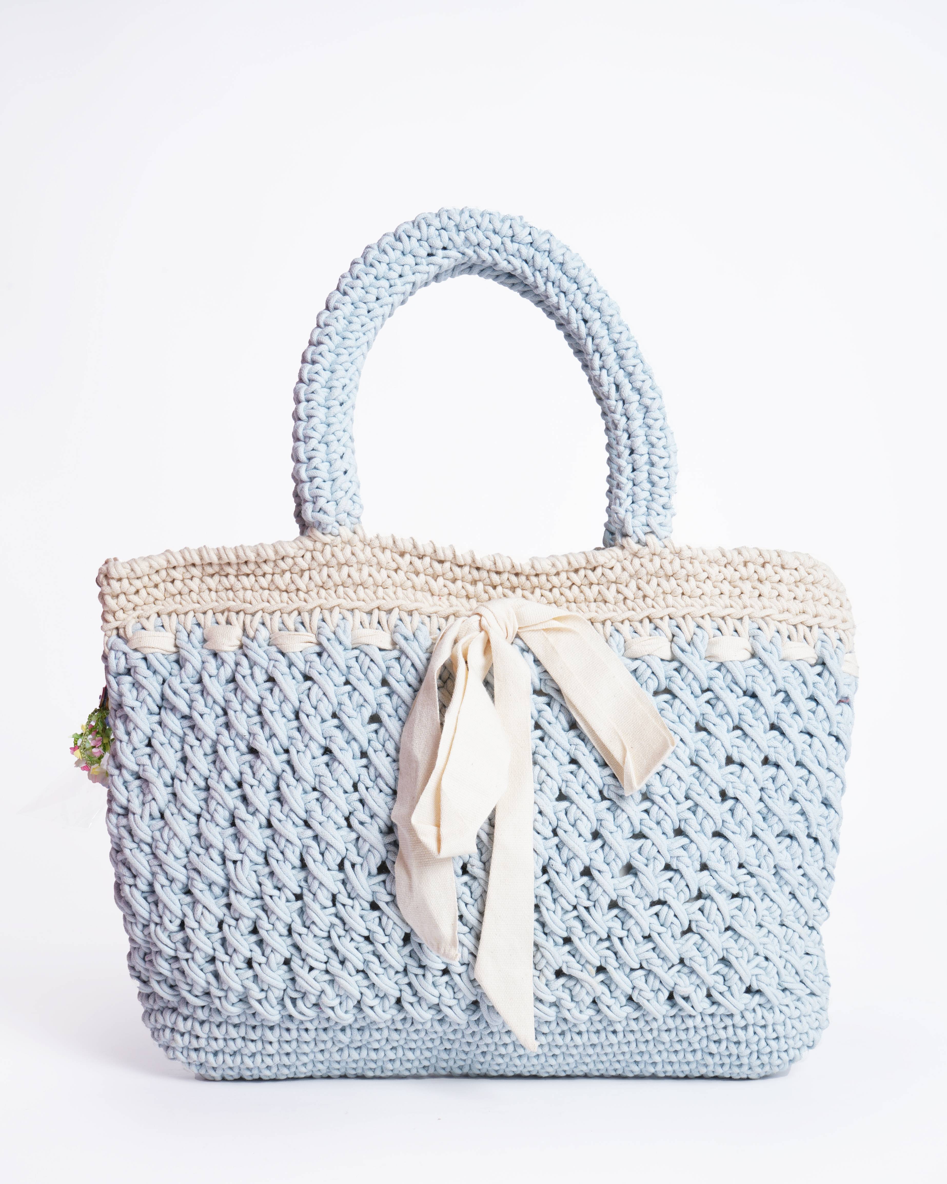 New Pero Crochet Floral Tote Bag In Blue
