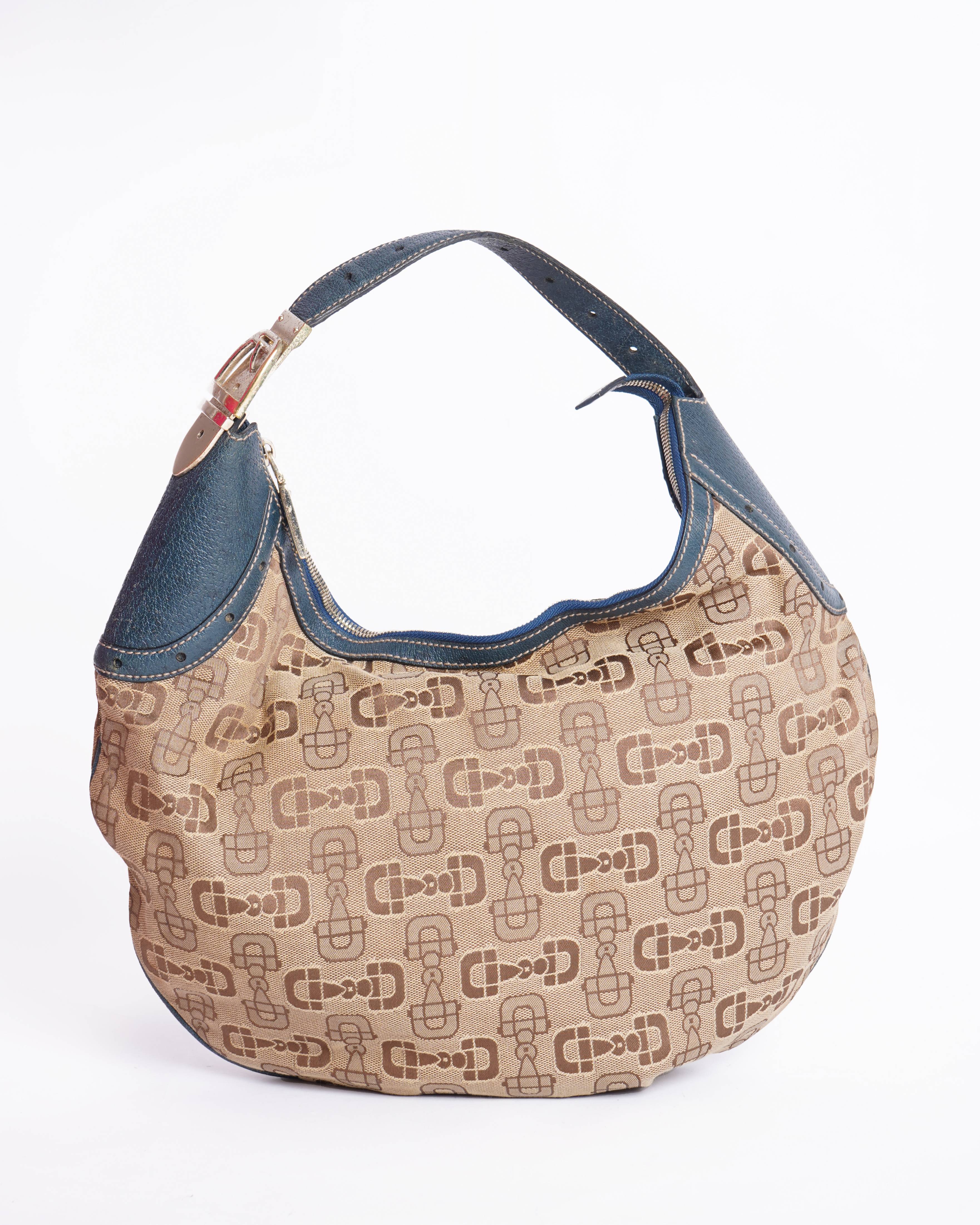 GUCCI Horsebit Shoulder Bag Canvas Leather Brown