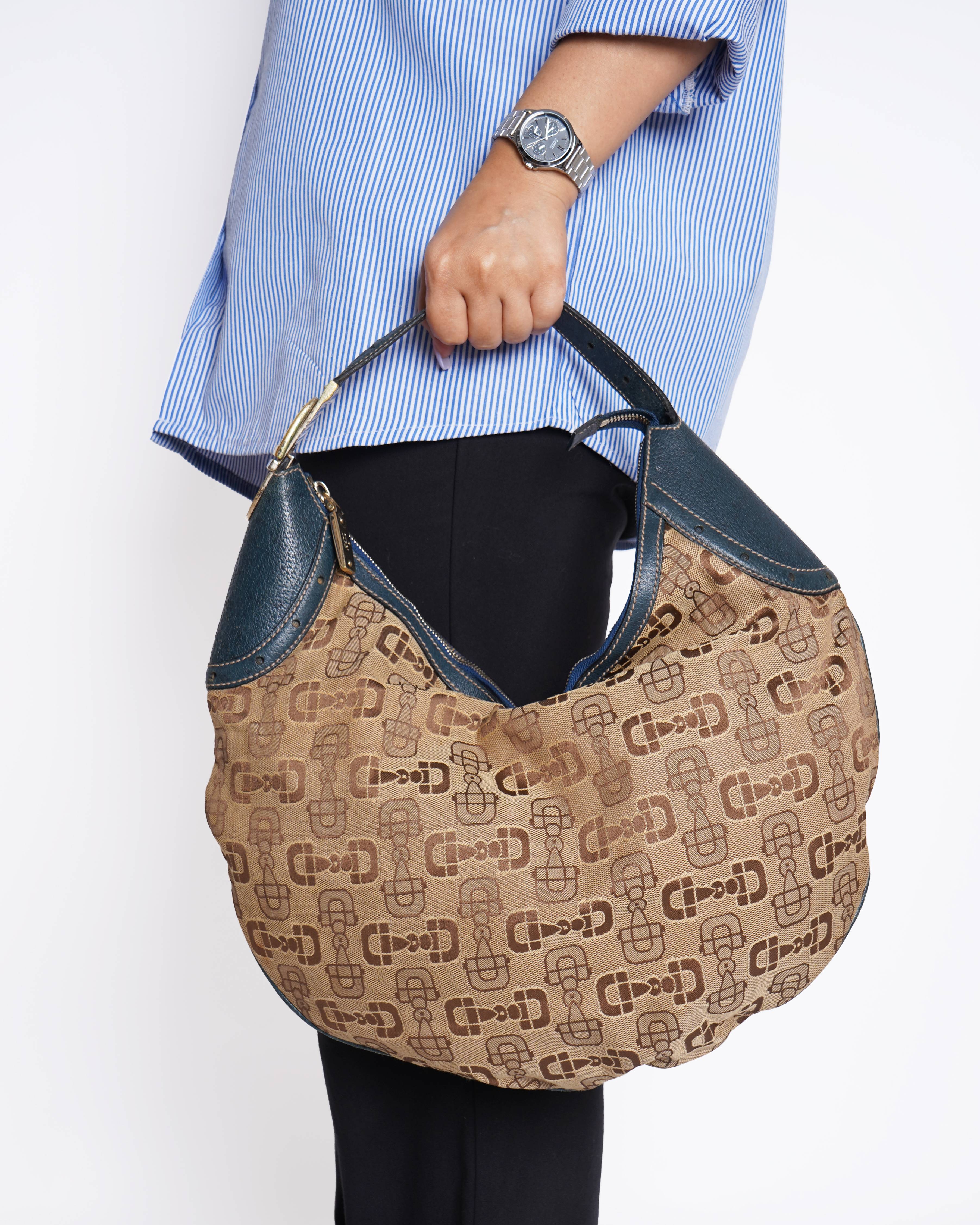 GUCCI Horsebit Shoulder Bag Canvas Leather Brown