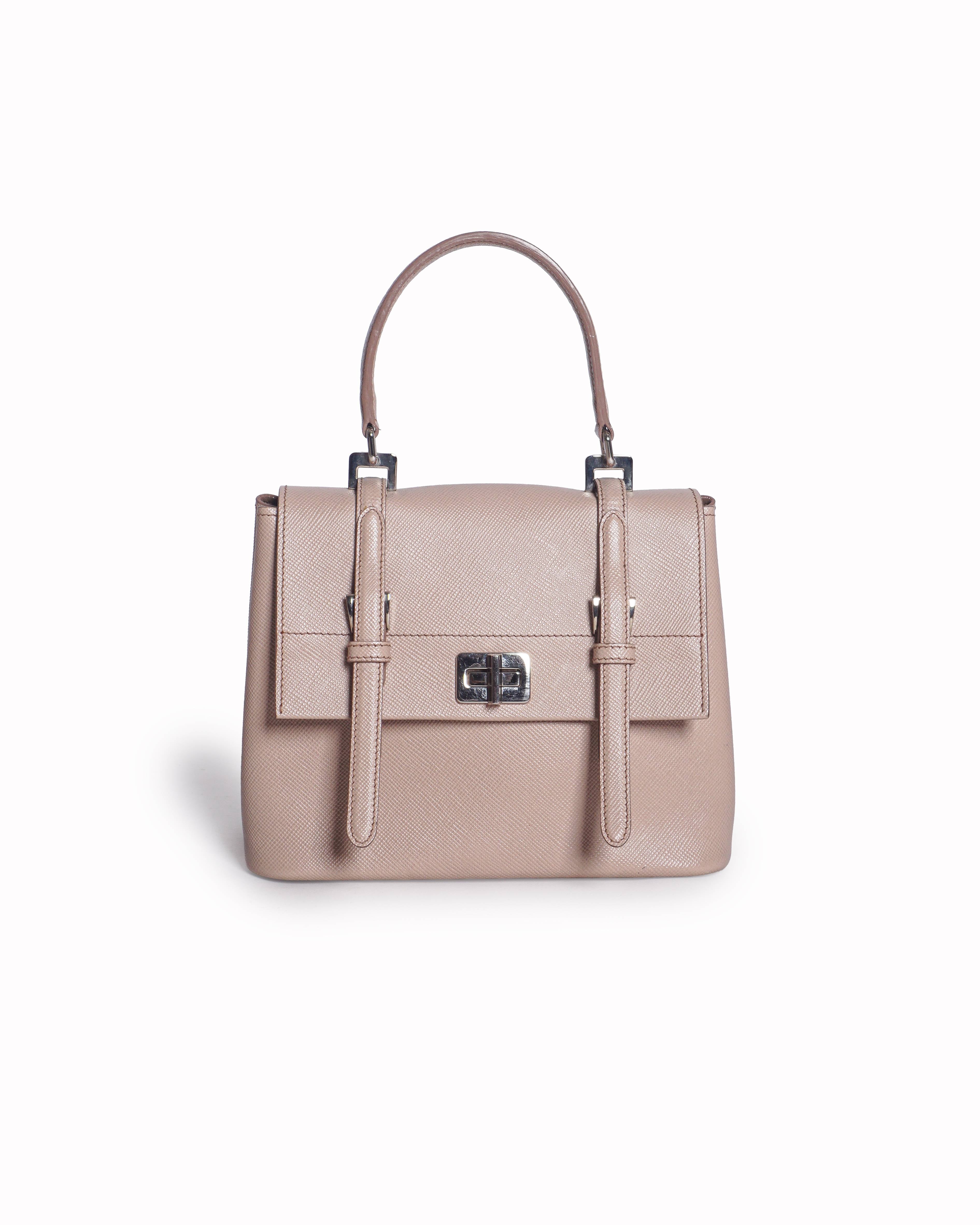 Prada Beige Saffiano Leather Turn-Lock Shoulder Bag