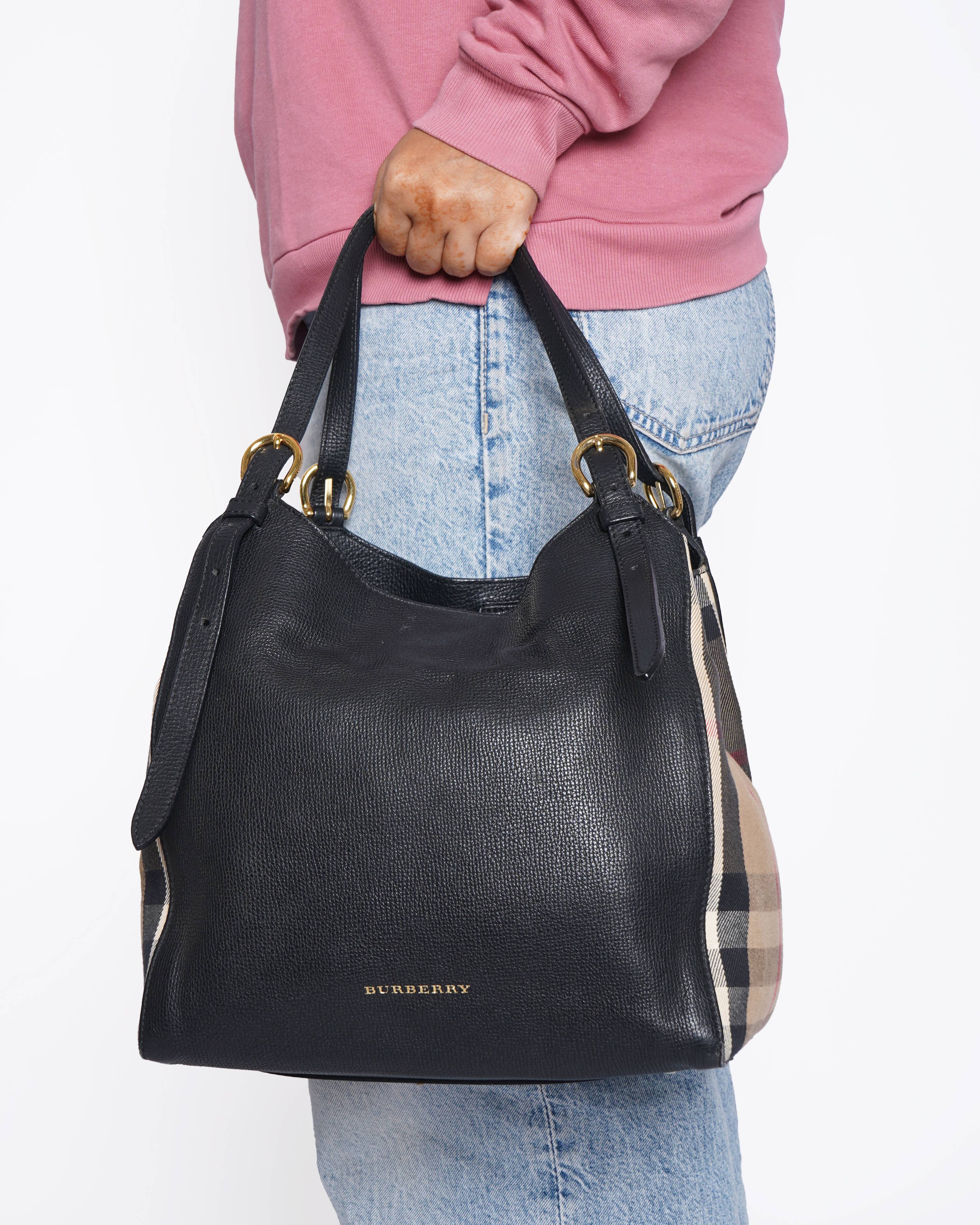 Burberry Black/Beige Leather & House Check Small Canterbury Tote
