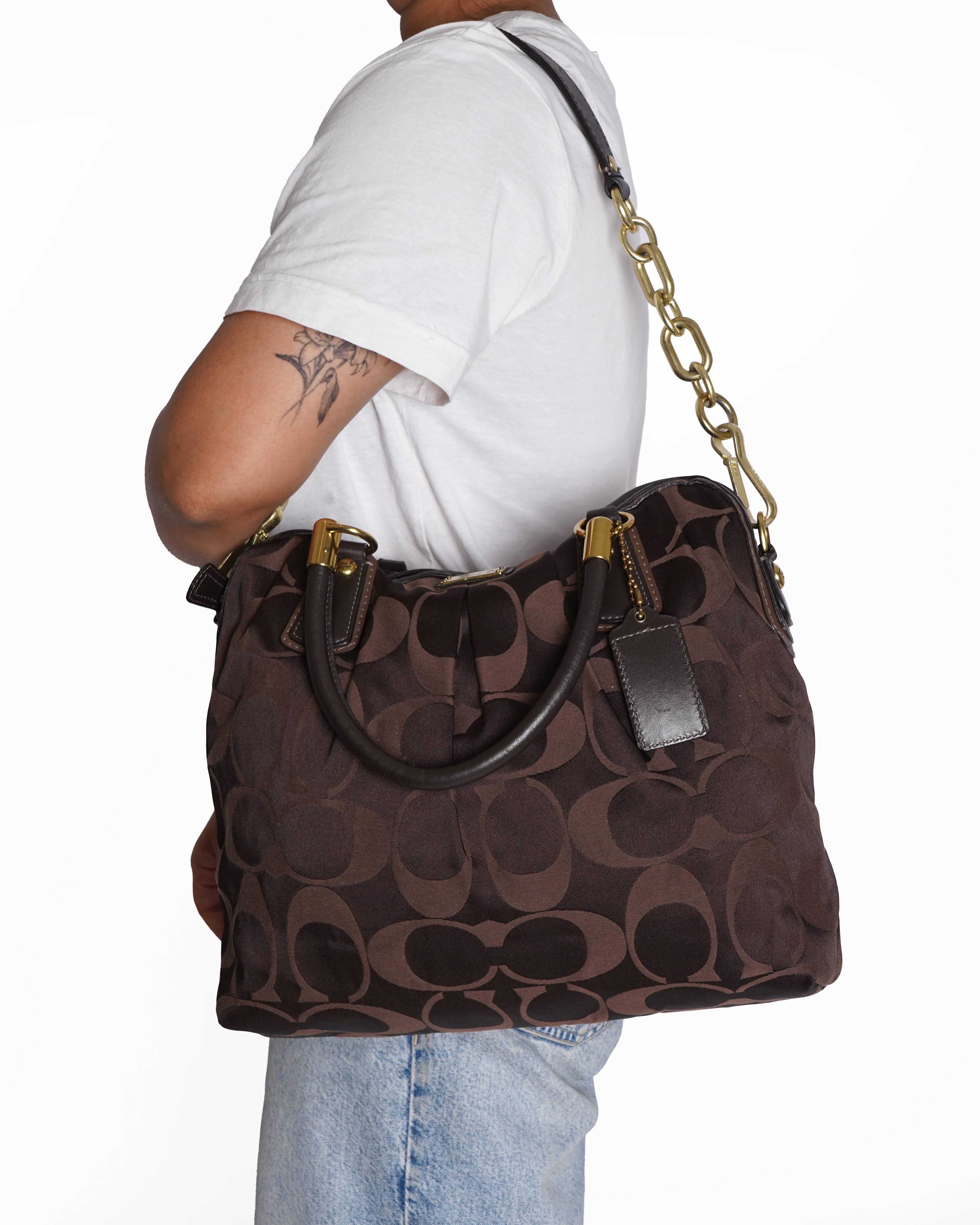 Coach Bag Kristin 15342 Satin Leather Tote Shoulder Bag Brown