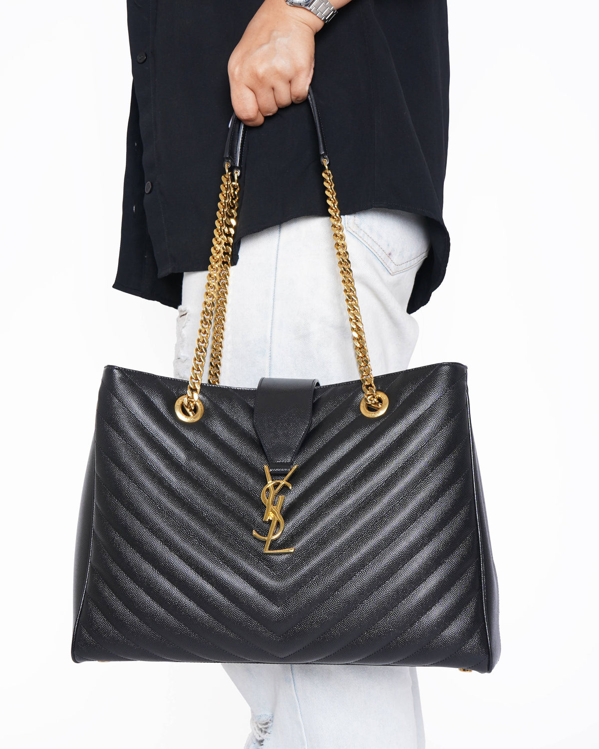 Saint Laurent Black Matelasse Leather Cassandre Shopper Tote