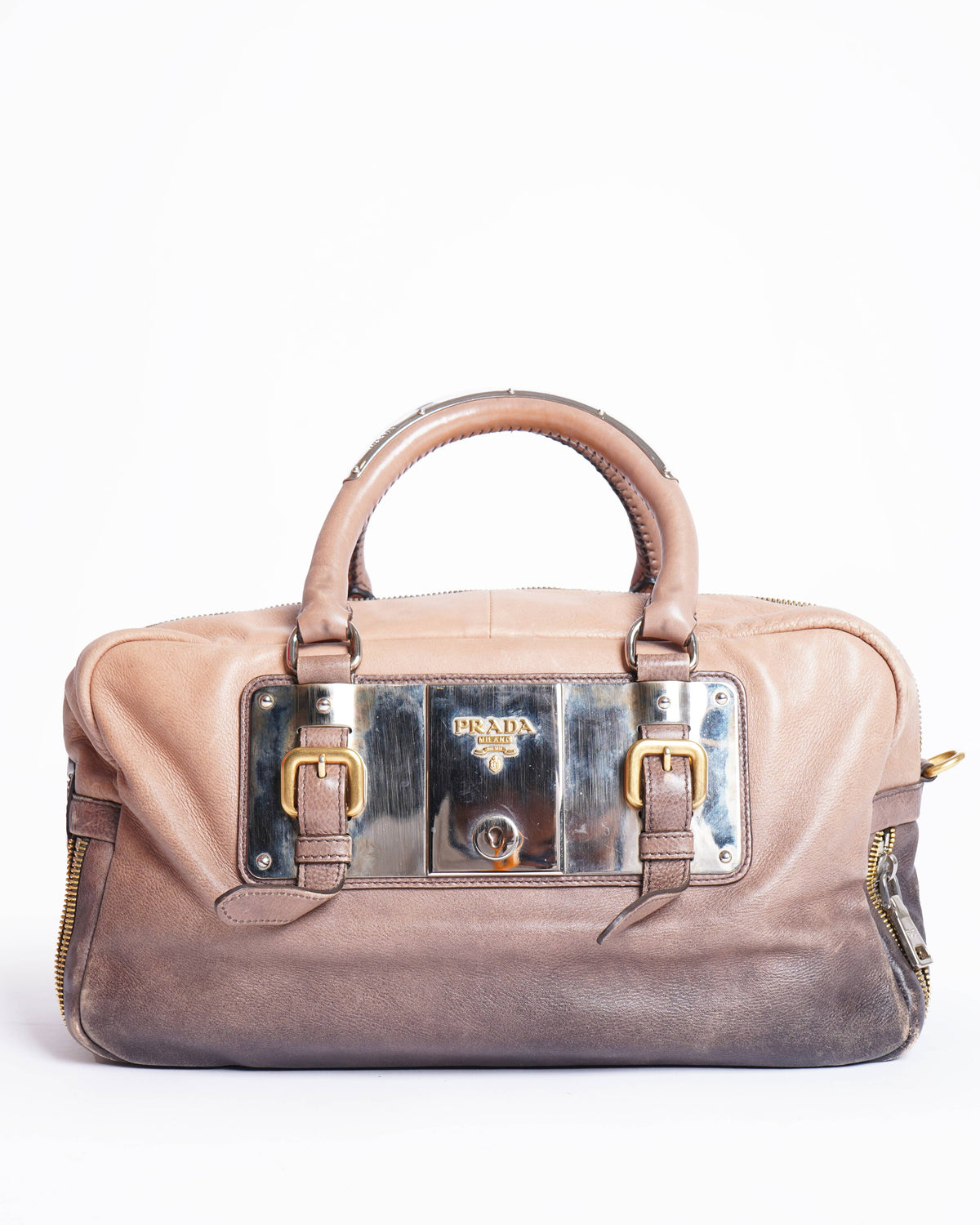 Prada Ombre Brown Glace Leather Zipper Bauletto Bag