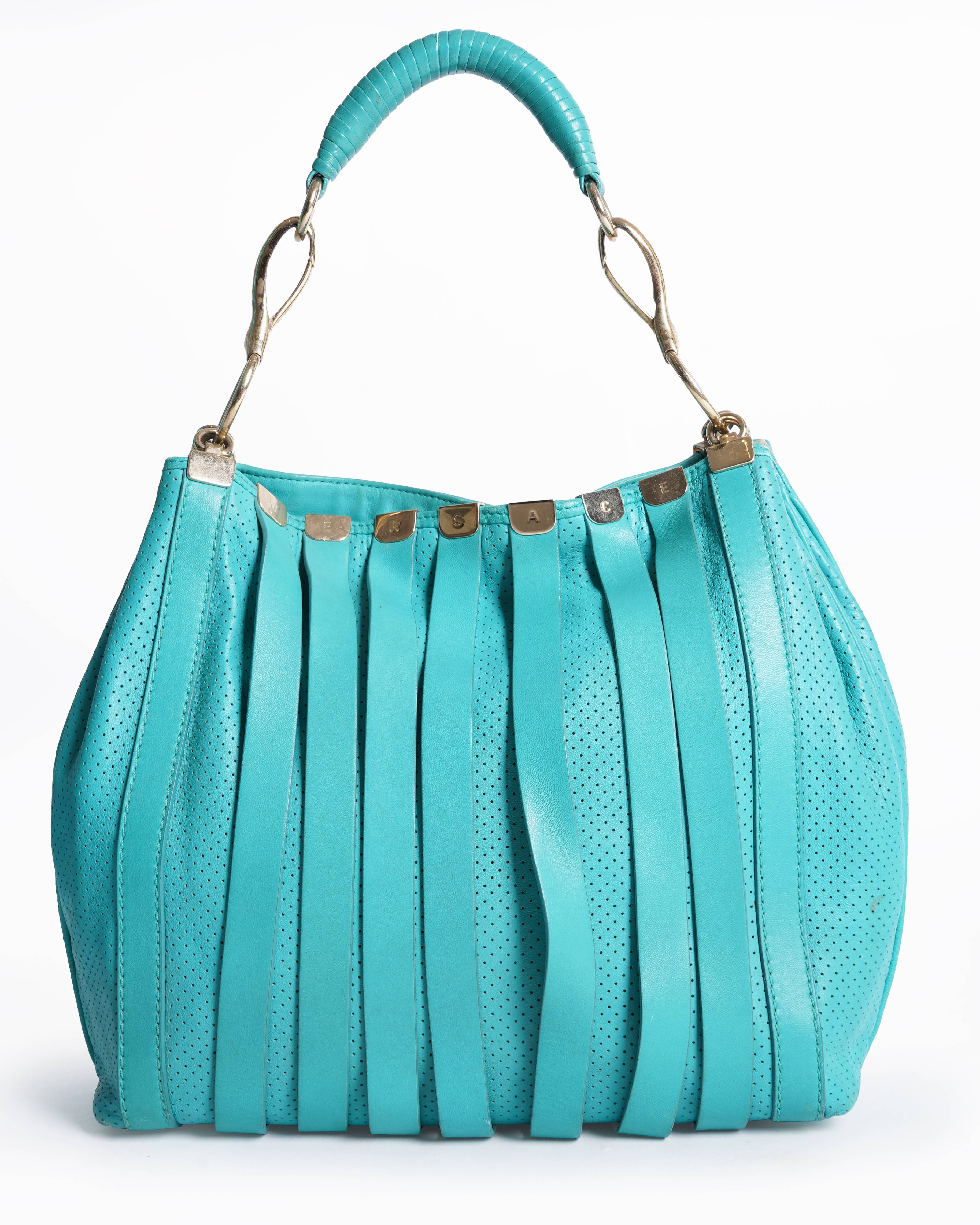 Versace Turquoise Blue Perforated Leather Striped Detail Hobo