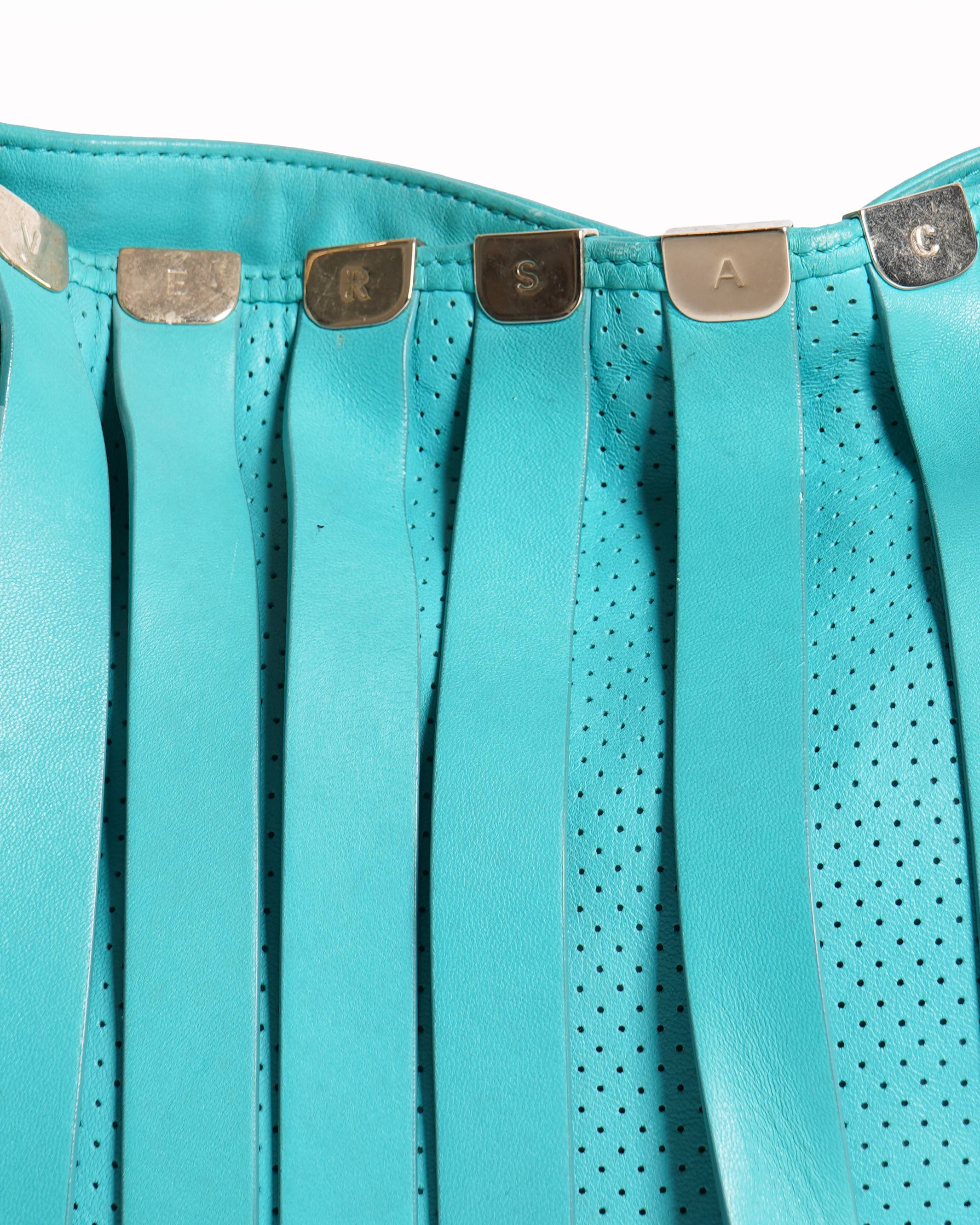 Versace Turquoise Blue Perforated Leather Striped Detail Hobo