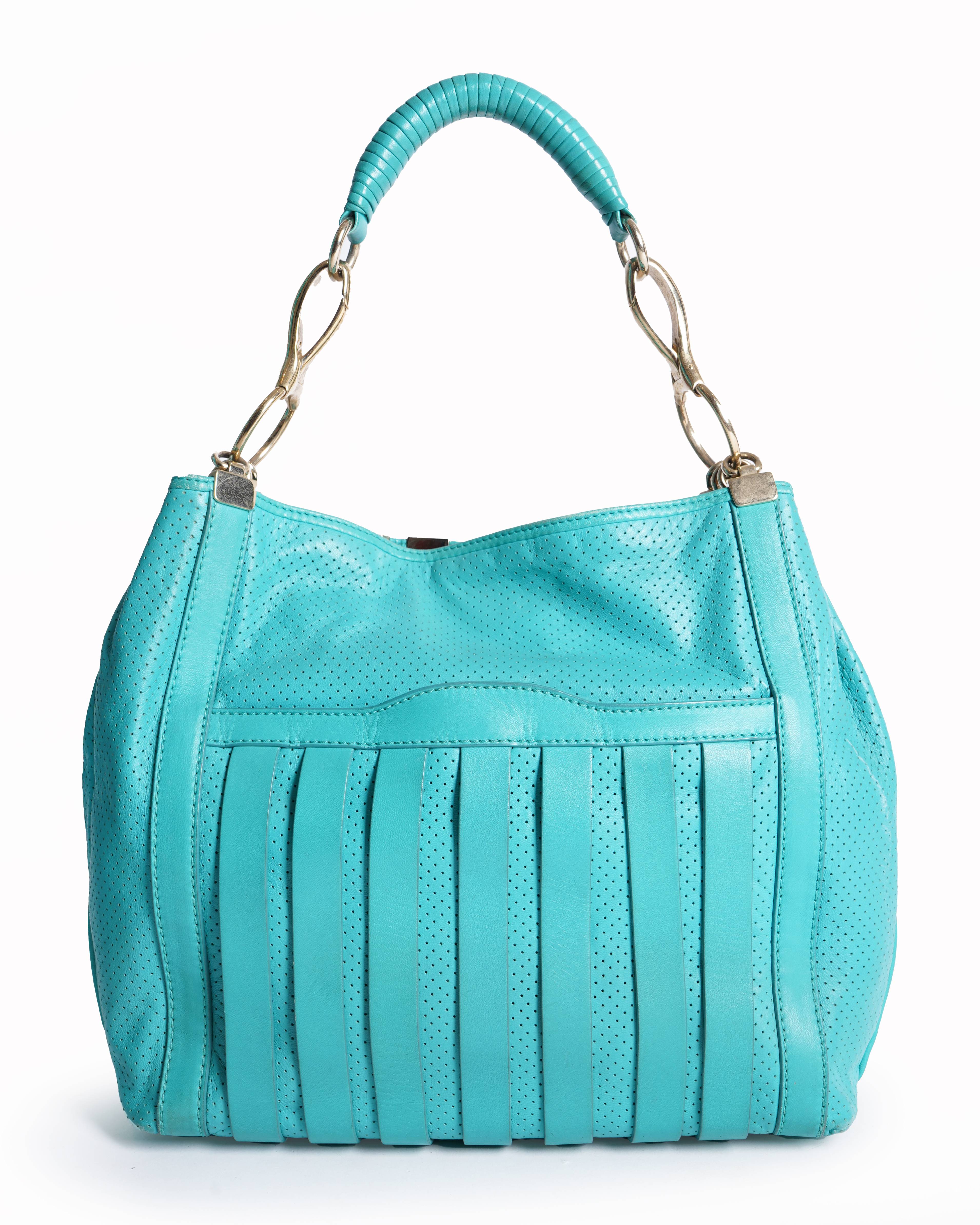 Versace Turquoise Blue Perforated Leather Striped Detail Hobo
