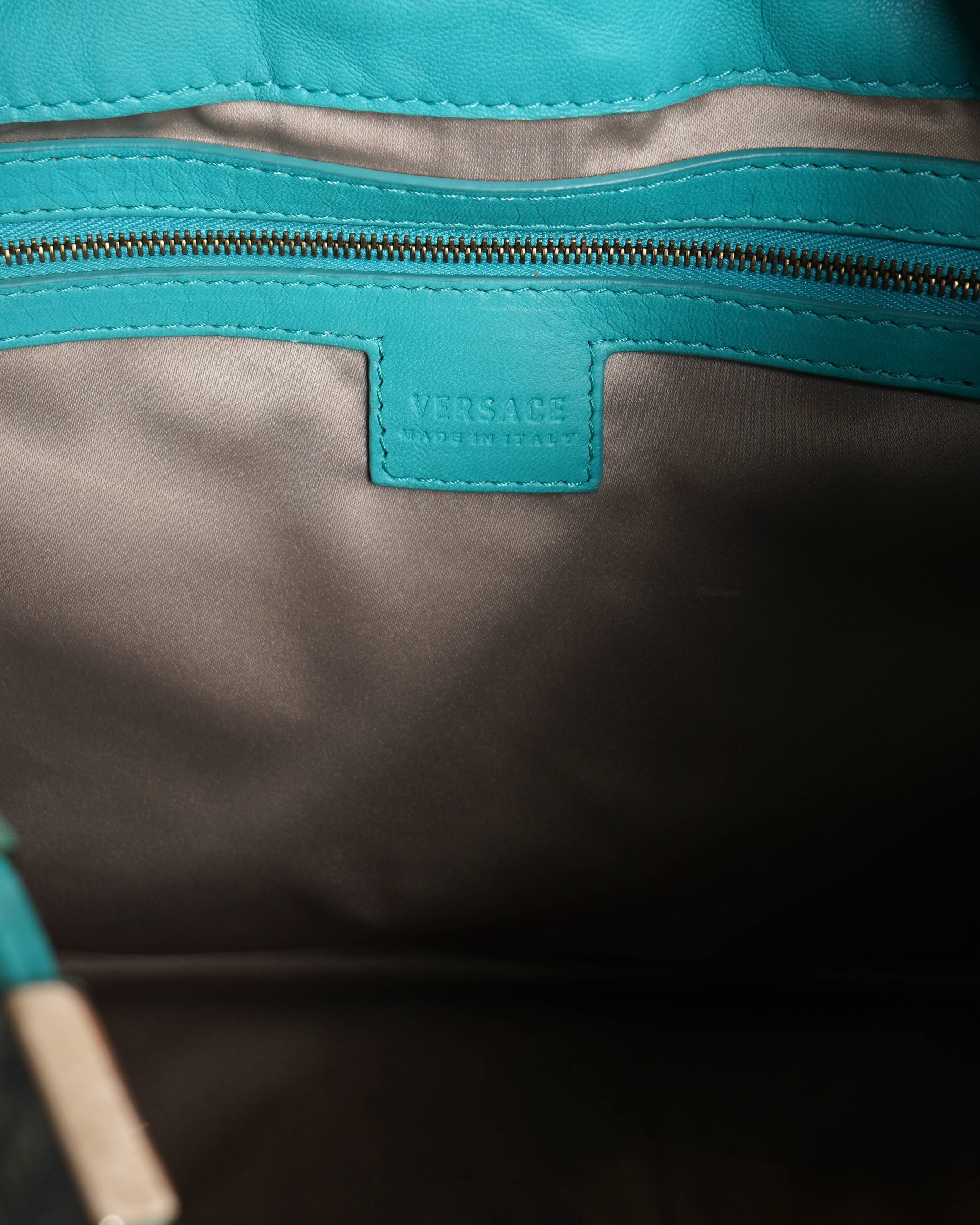 Versace Turquoise Blue Perforated Leather Striped Detail Hobo