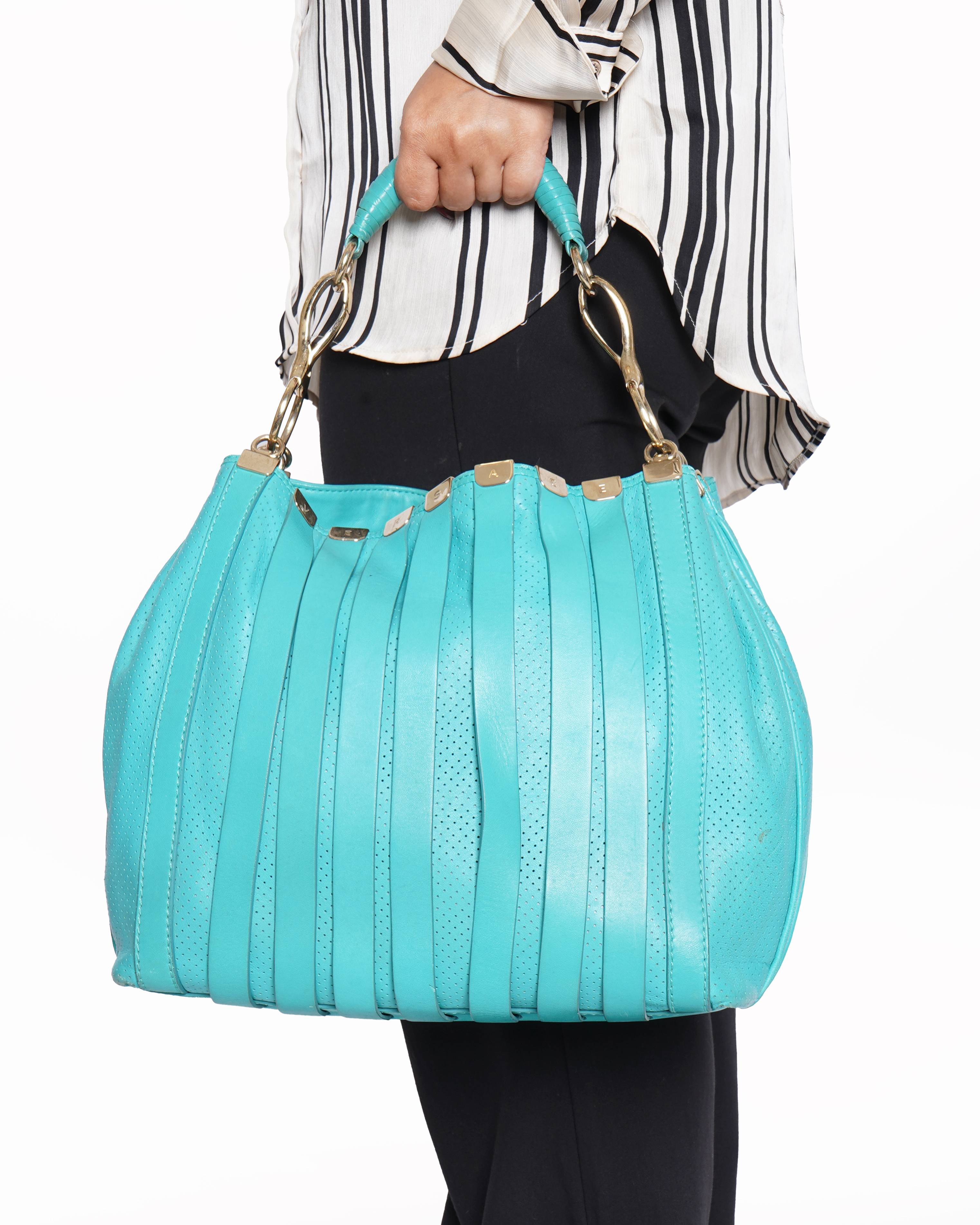 Versace Turquoise Blue Perforated Leather Striped Detail Hobo