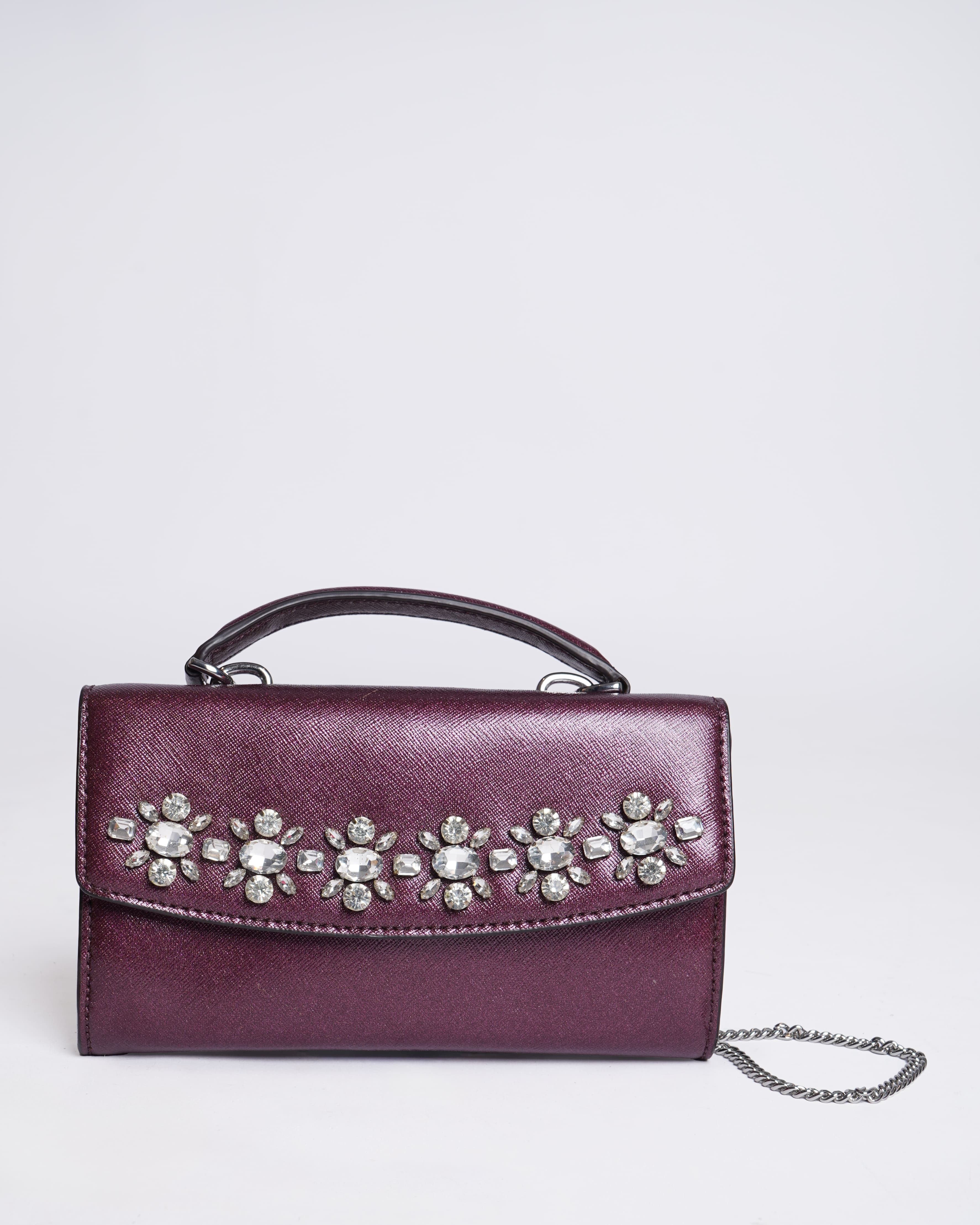 New Michael Kors Ava Jeweled Clutch Handle Crossbody Chain in Burgundy