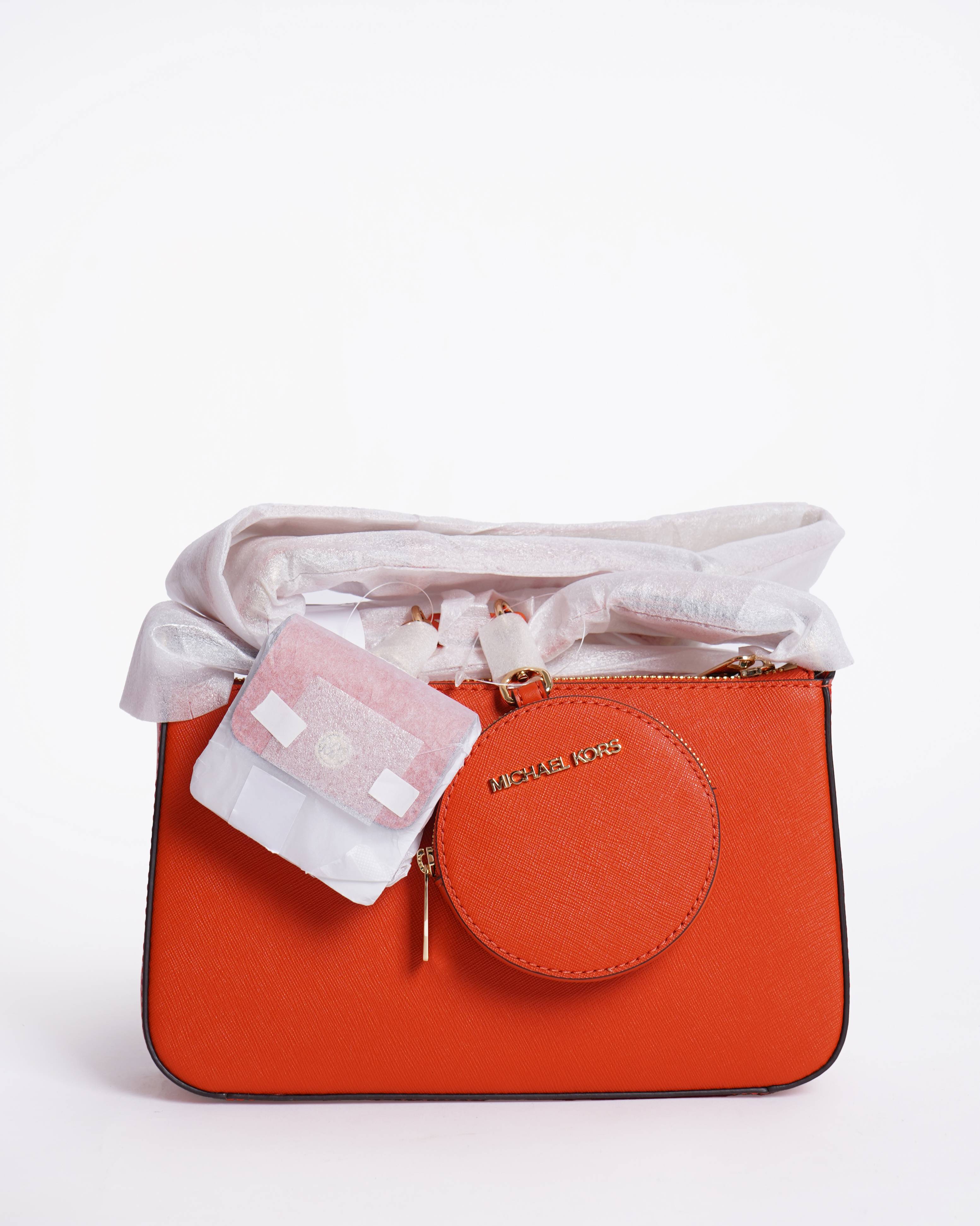 New Michael Kors Small Crossbody Leather Handbag with Tech Purse Poppy