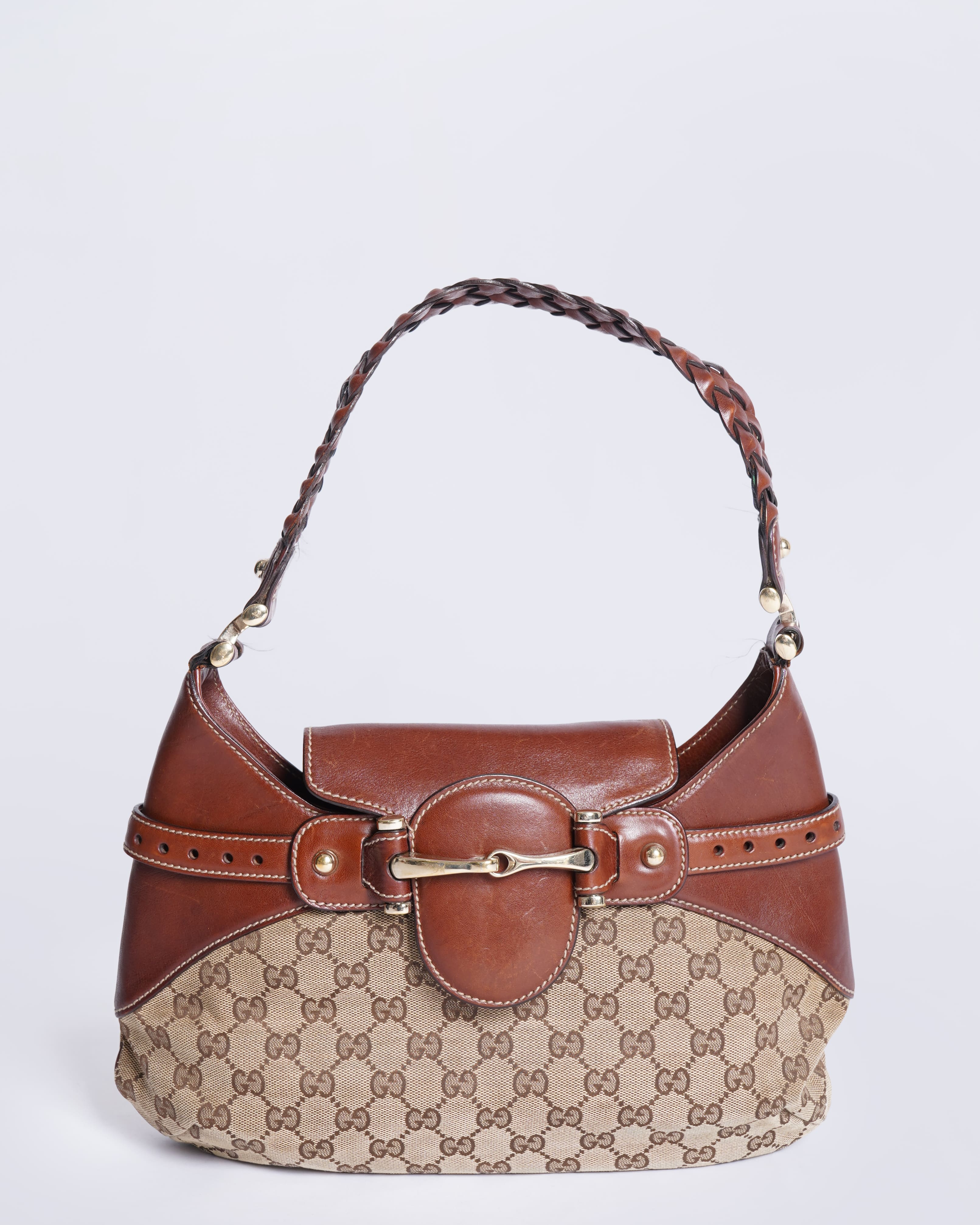 Gucci Beige/Brown GG Canvas Horsebit Shoulder Bag