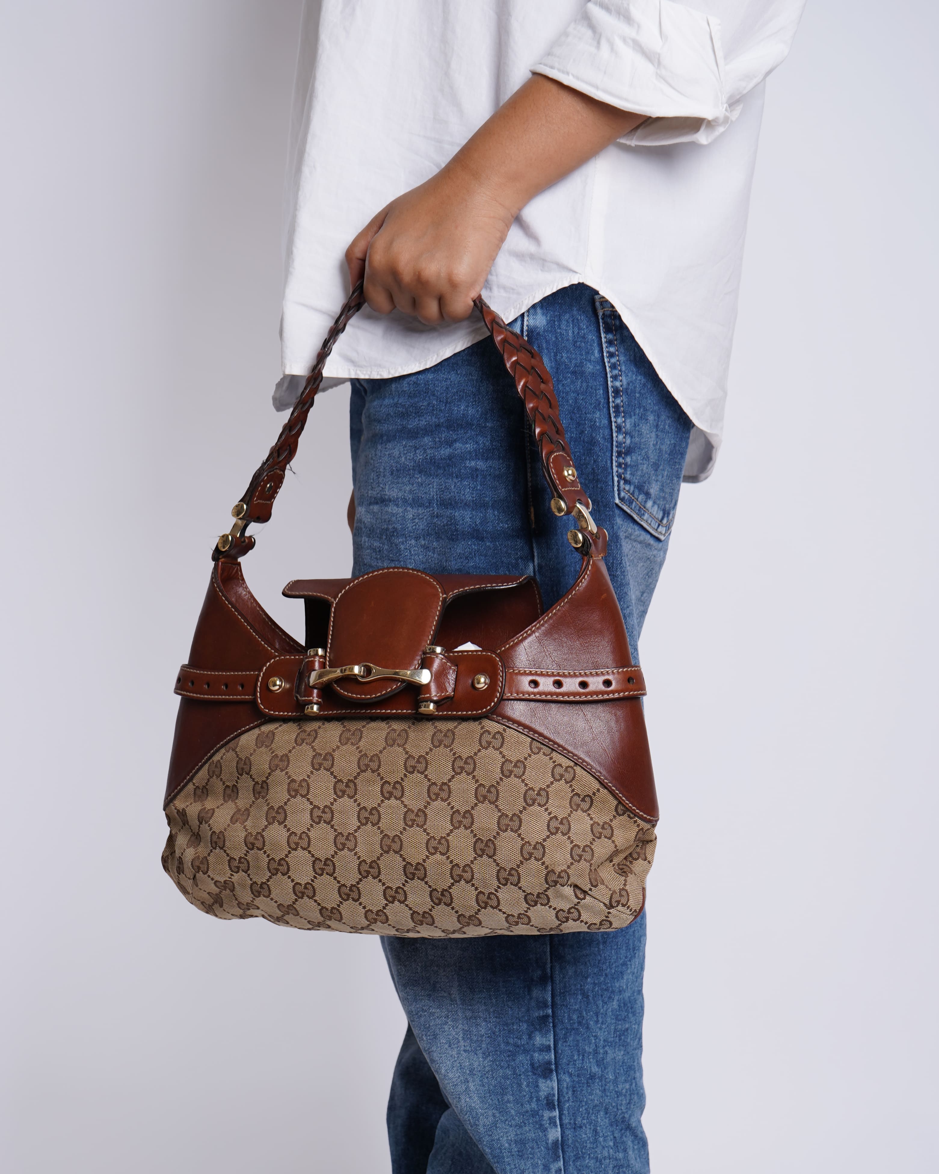 Gucci Beige/Brown GG Canvas Horsebit Shoulder Bag
