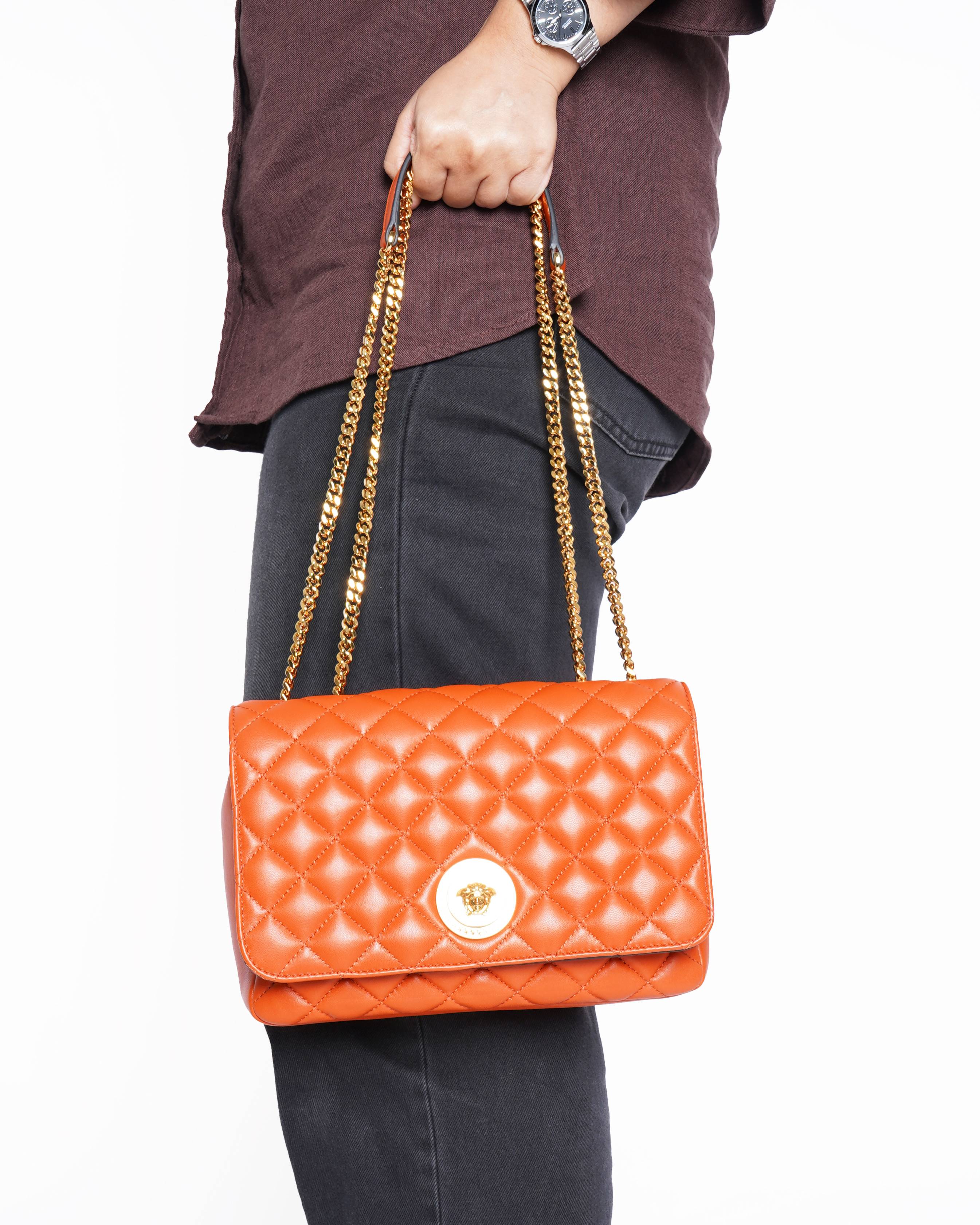 New Versace orange quilted medusa shoulder bag