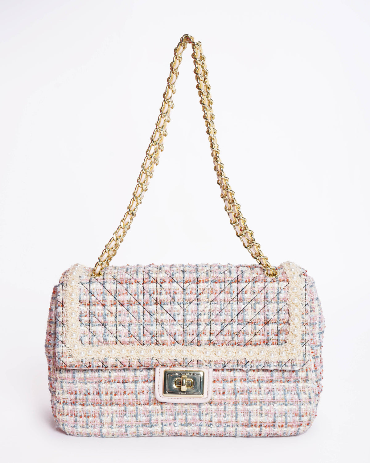 New Karl Lagerfeld Medium Pearl Shoulder Bag In Tweed