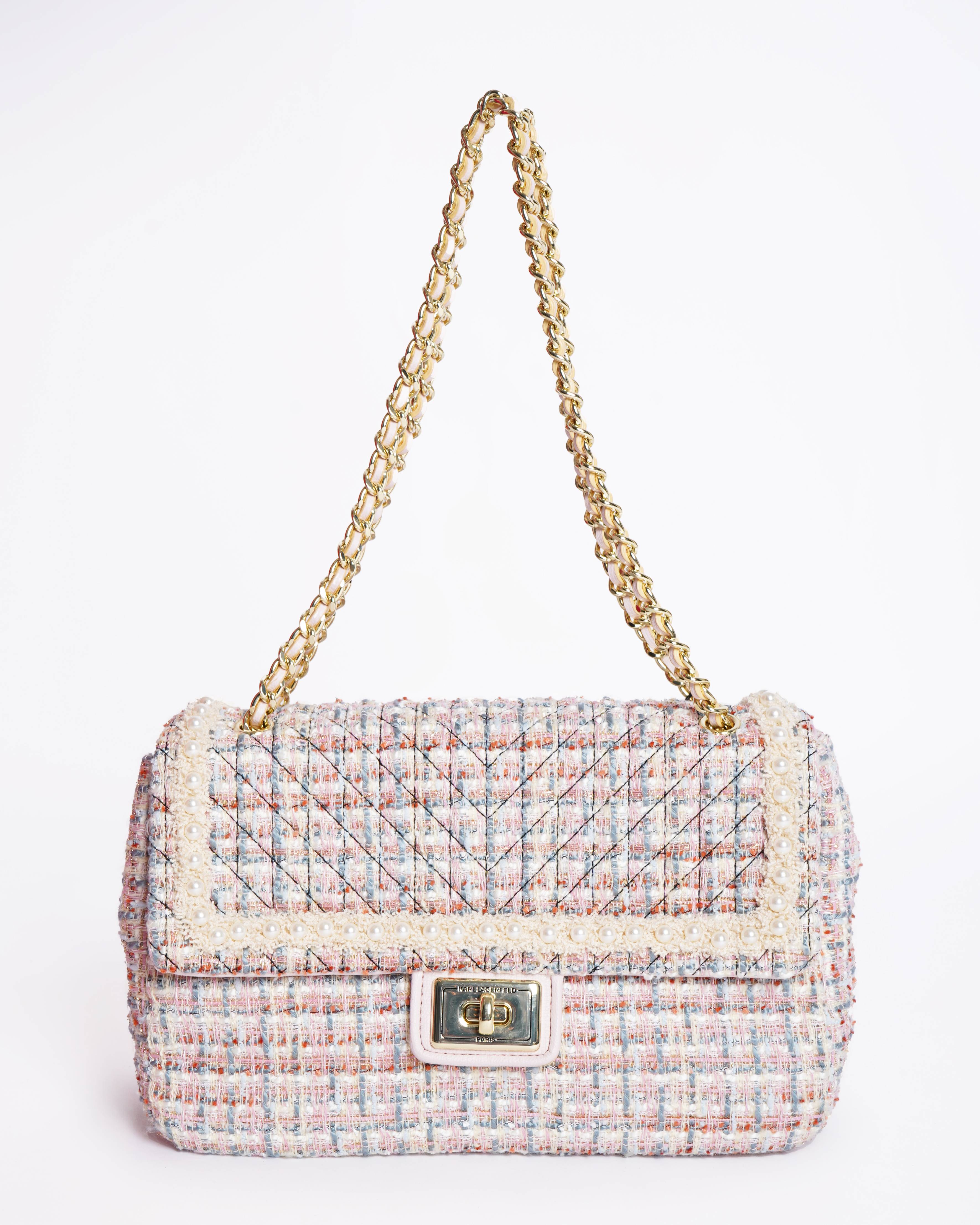 New Karl Lagerfeld Medium Pearl Shoulder Bag In Tweed