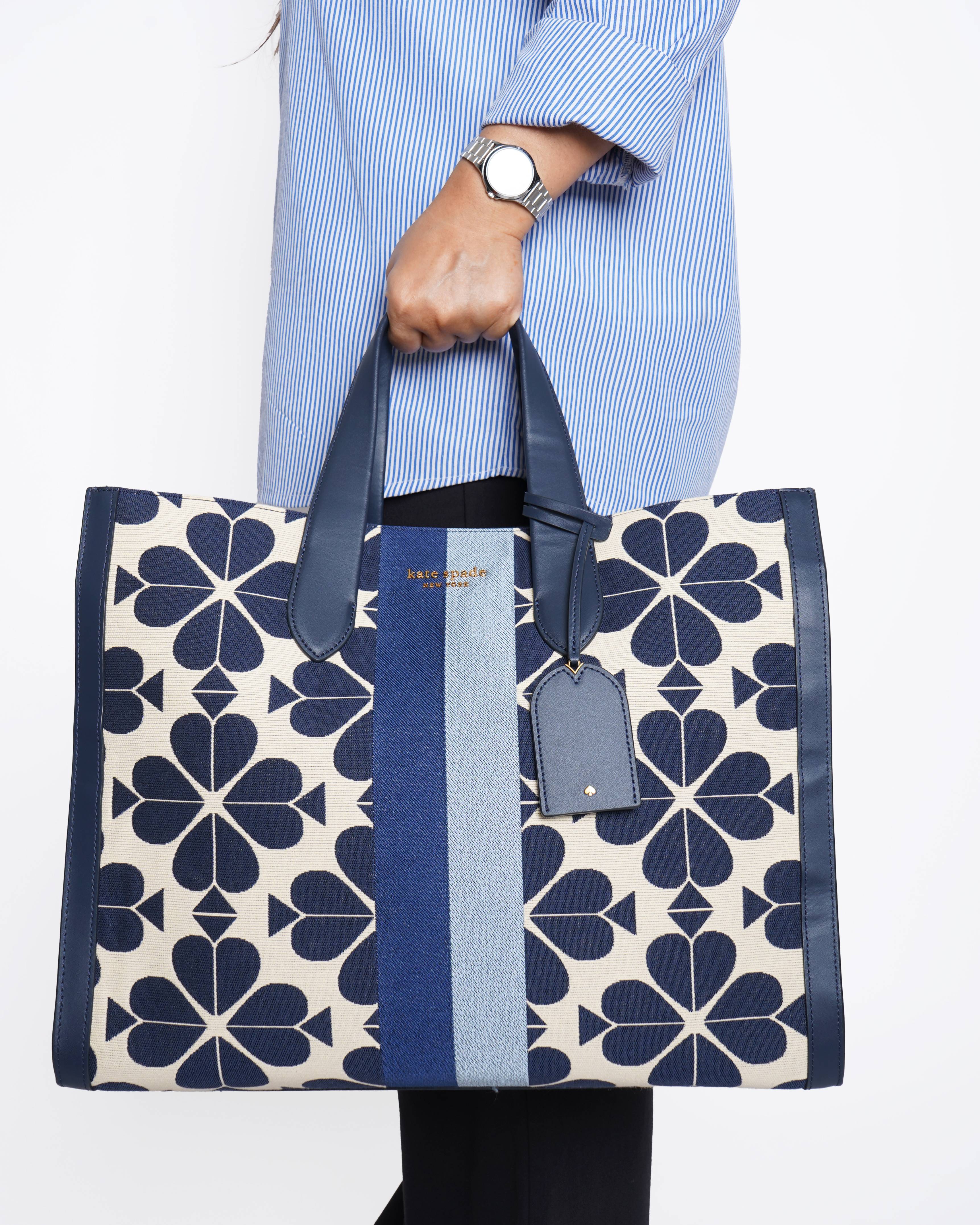 New Kate Spade Cream and Navy Blue Geometric Tote Bag