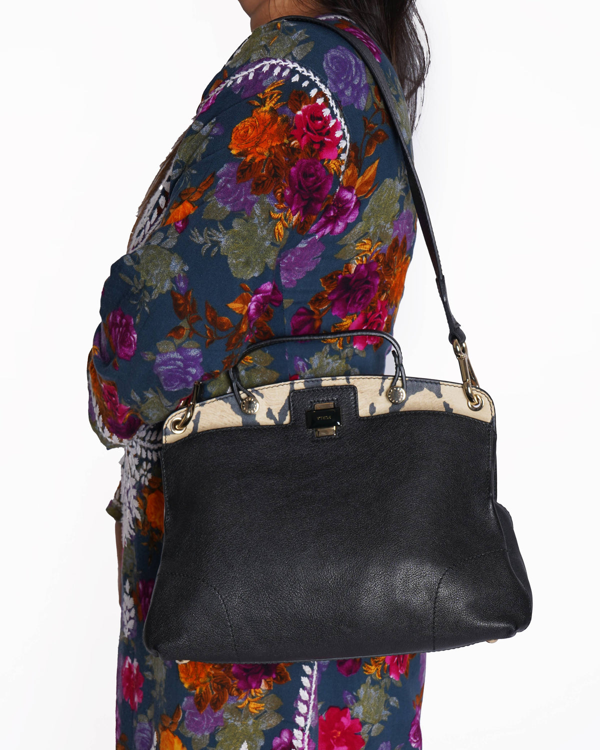 Furla Black/Animal Print Leather Piper Dome Satchel Handbag