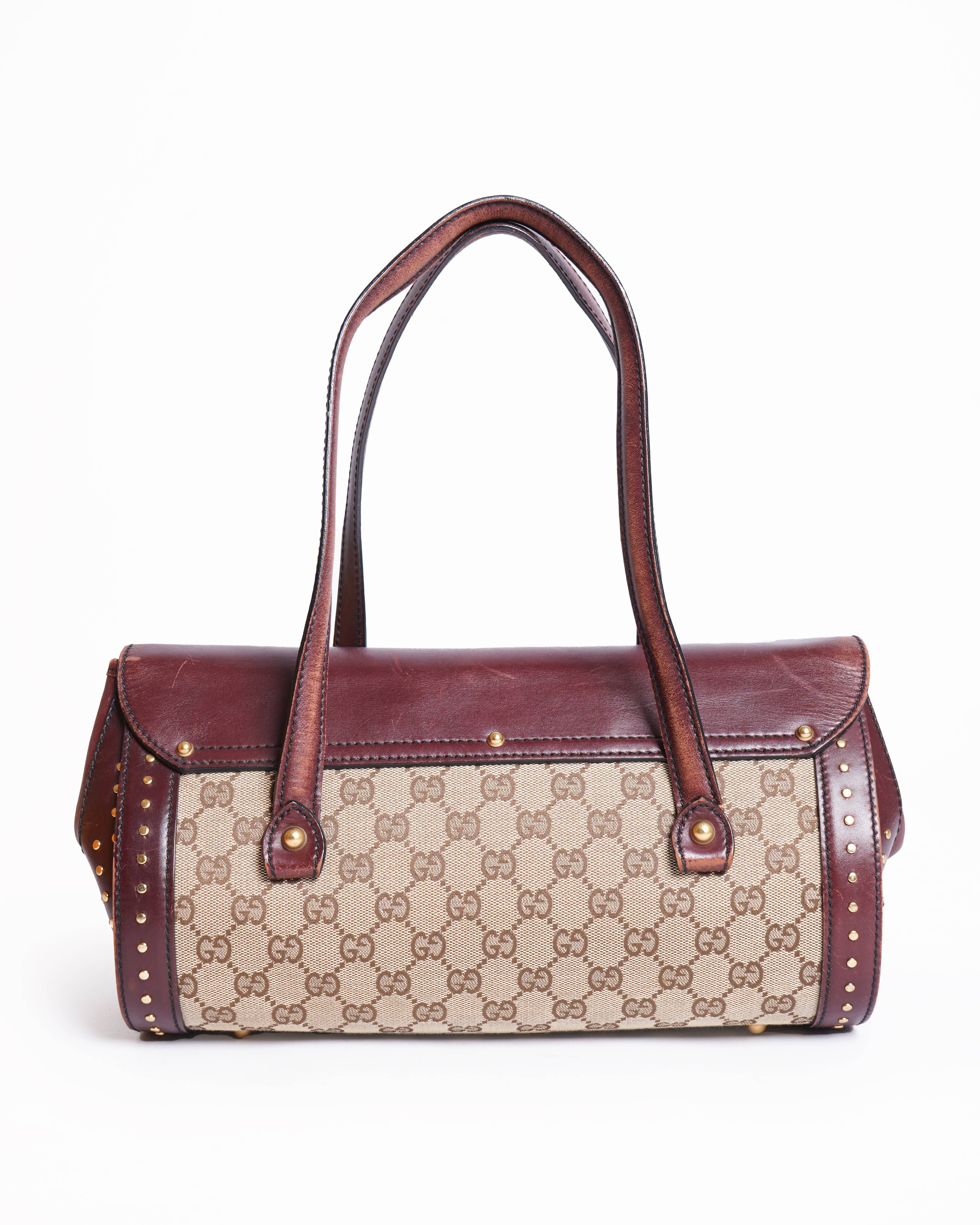Gucci GG Canvas Beige & Maroon Bamboo Shoulder Bag