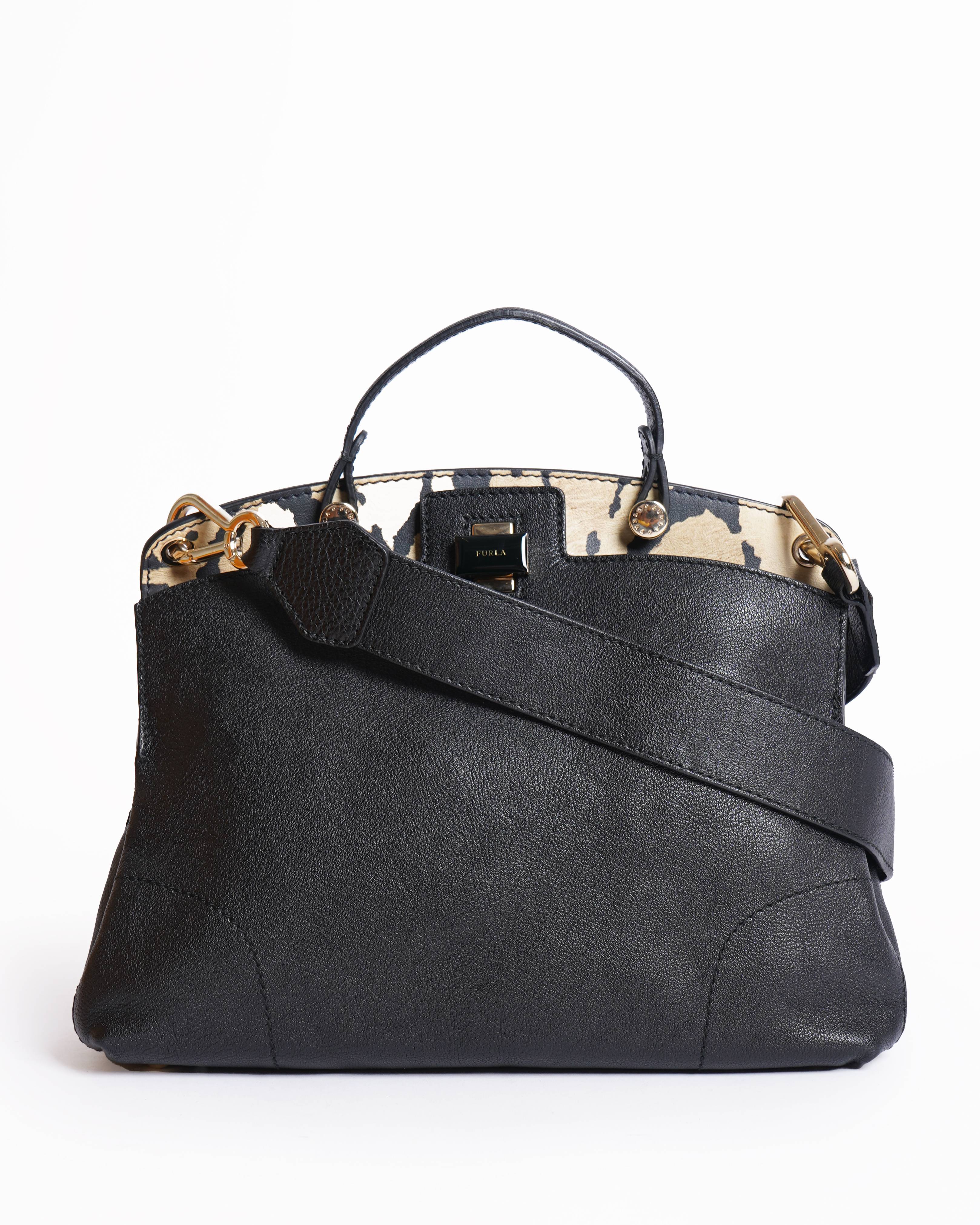 Furla Black/Animal Print Leather Piper Dome Satchel Handbag