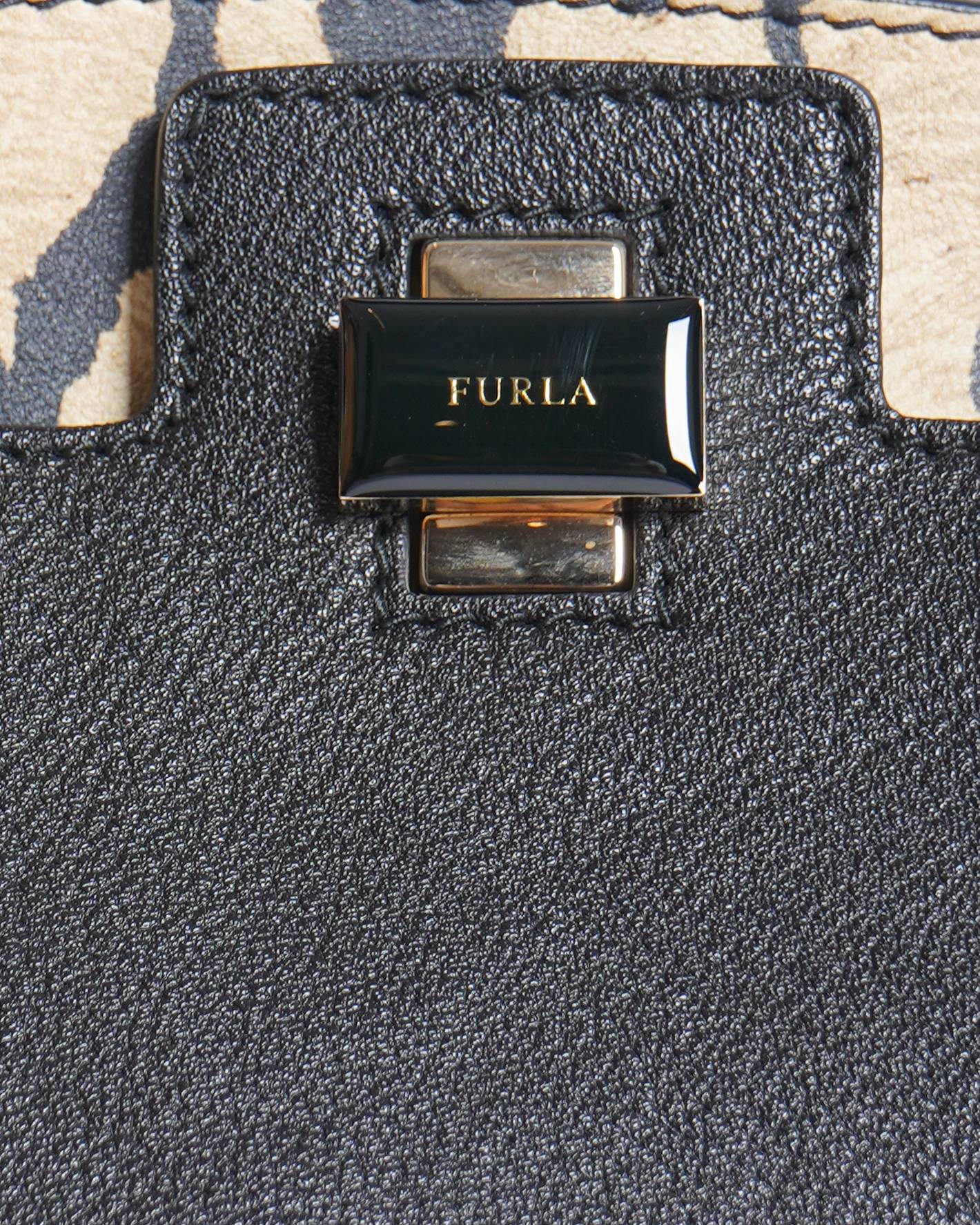 Furla Black/Animal Print Leather Piper Dome Satchel Handbag