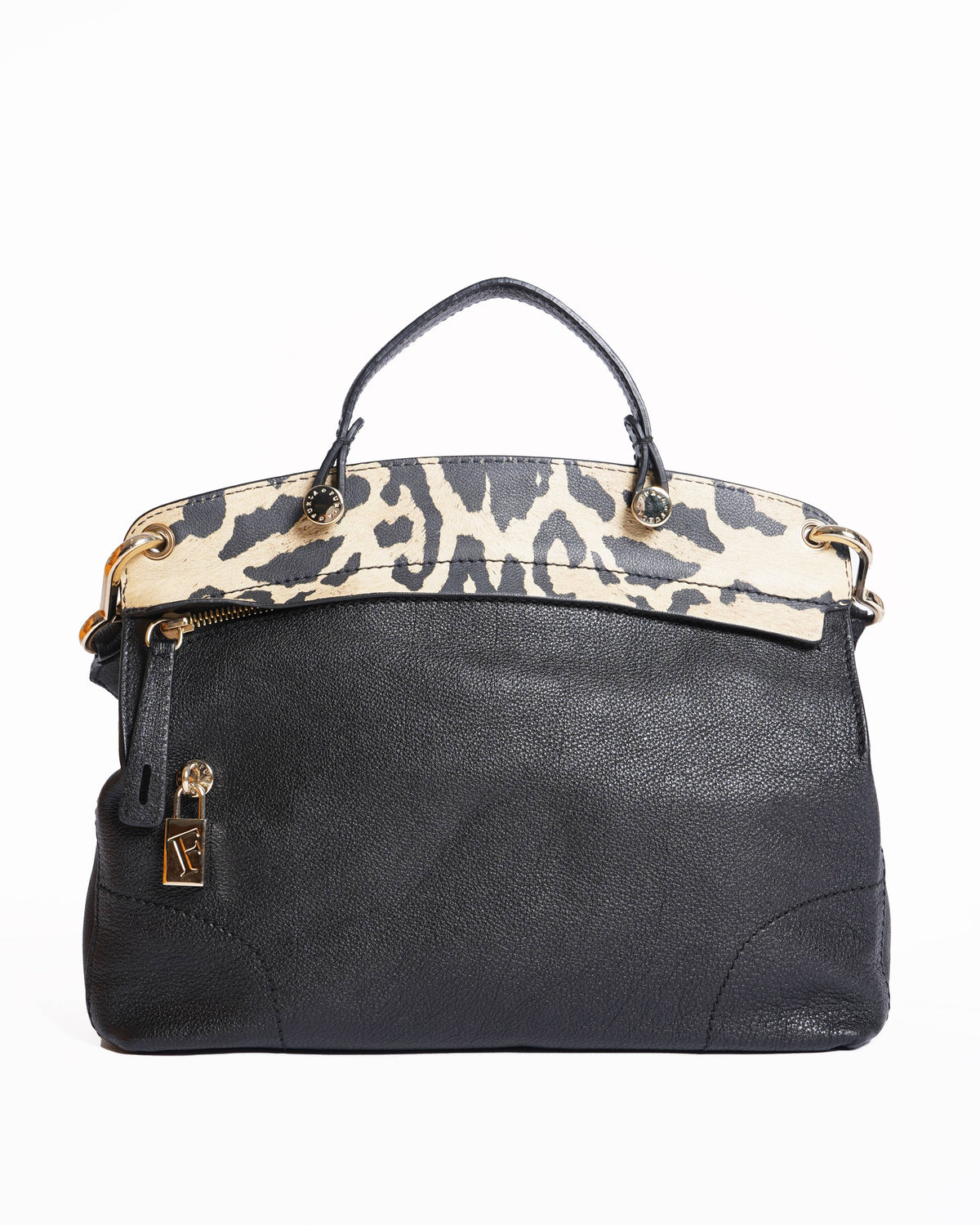 Furla Black/Animal Print Leather Piper Dome Satchel Handbag