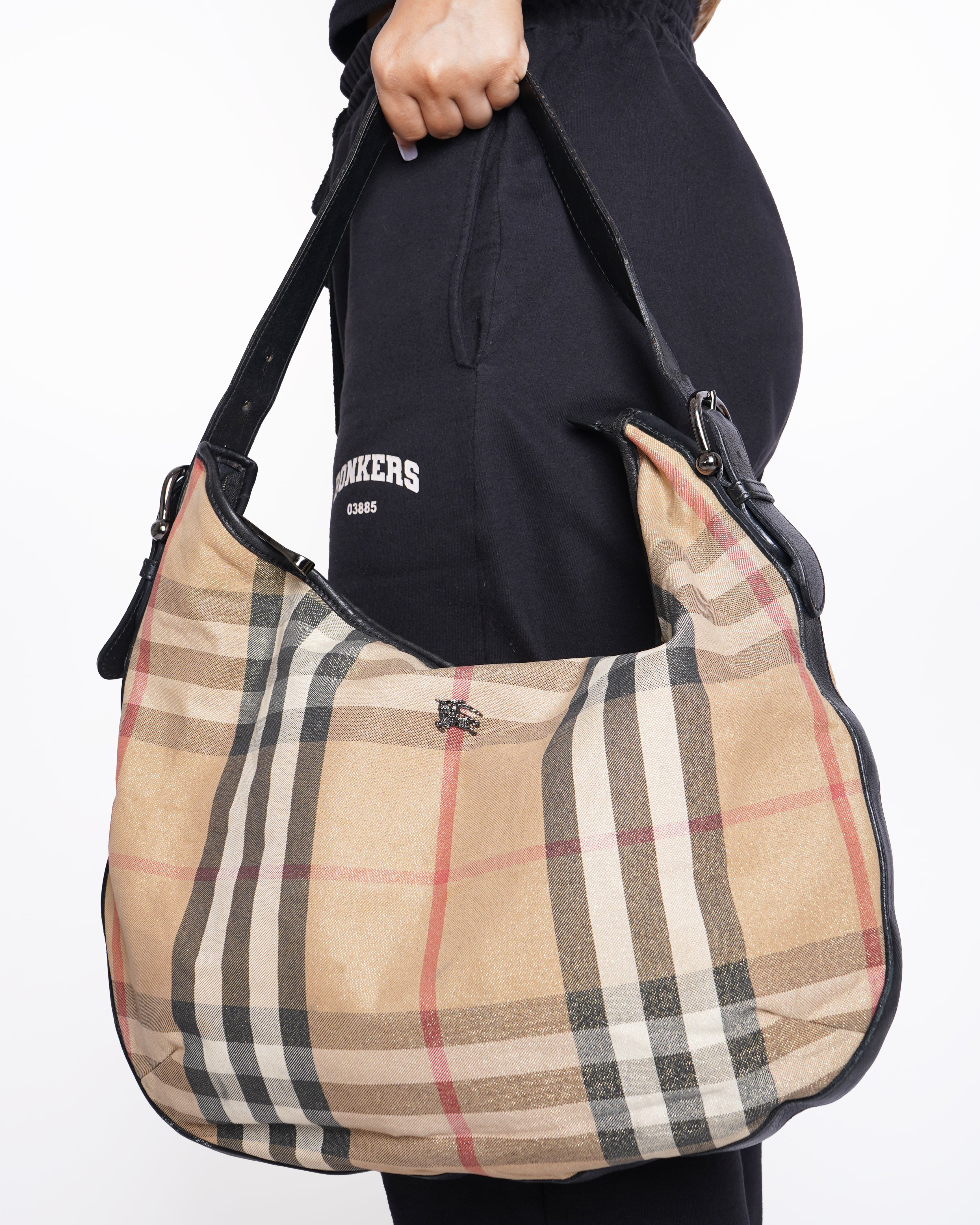 Burberry Gold/Black Check Canvas and Leather Hobo