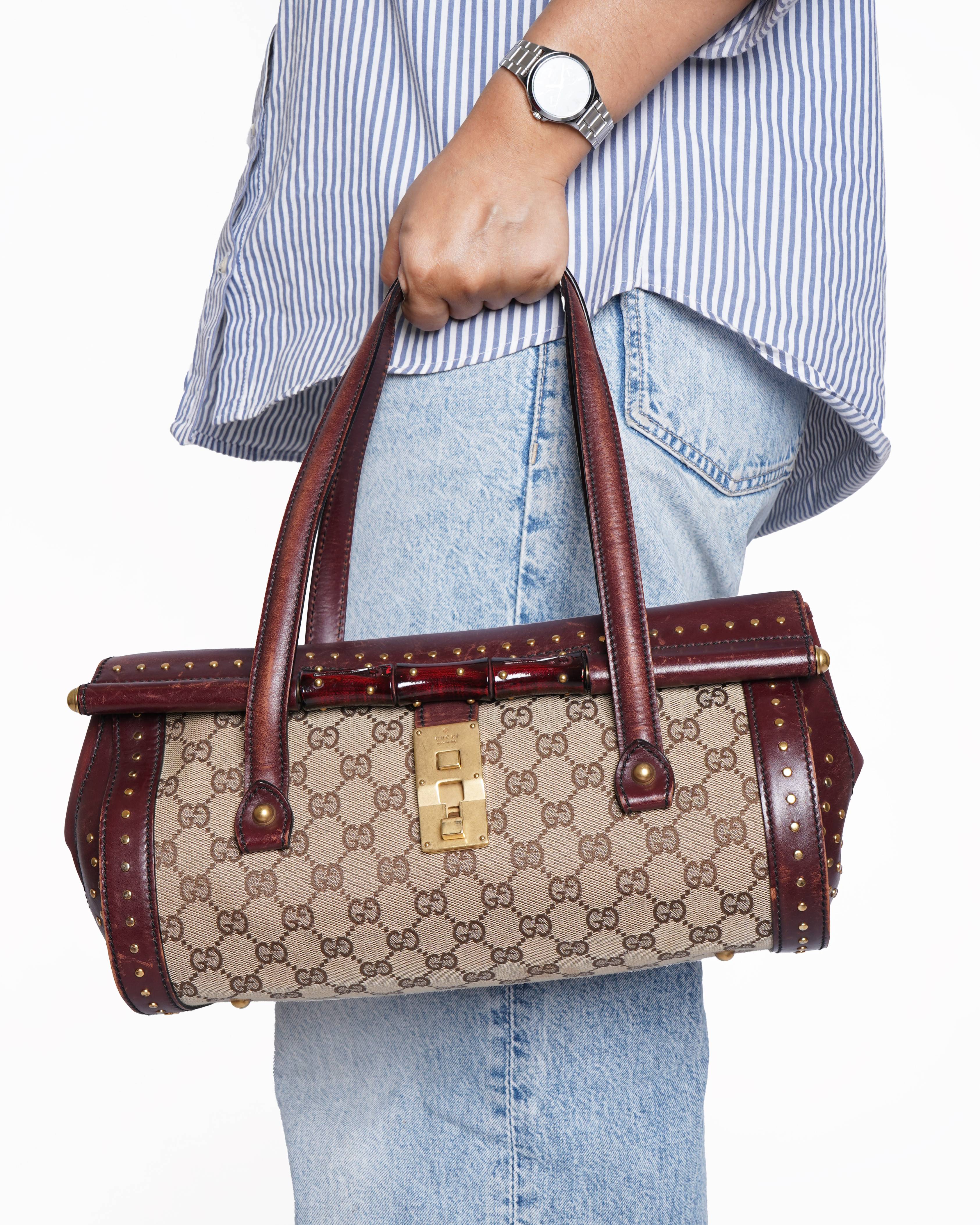 Gucci GG Canvas Beige & Maroon Bamboo Shoulder Bag