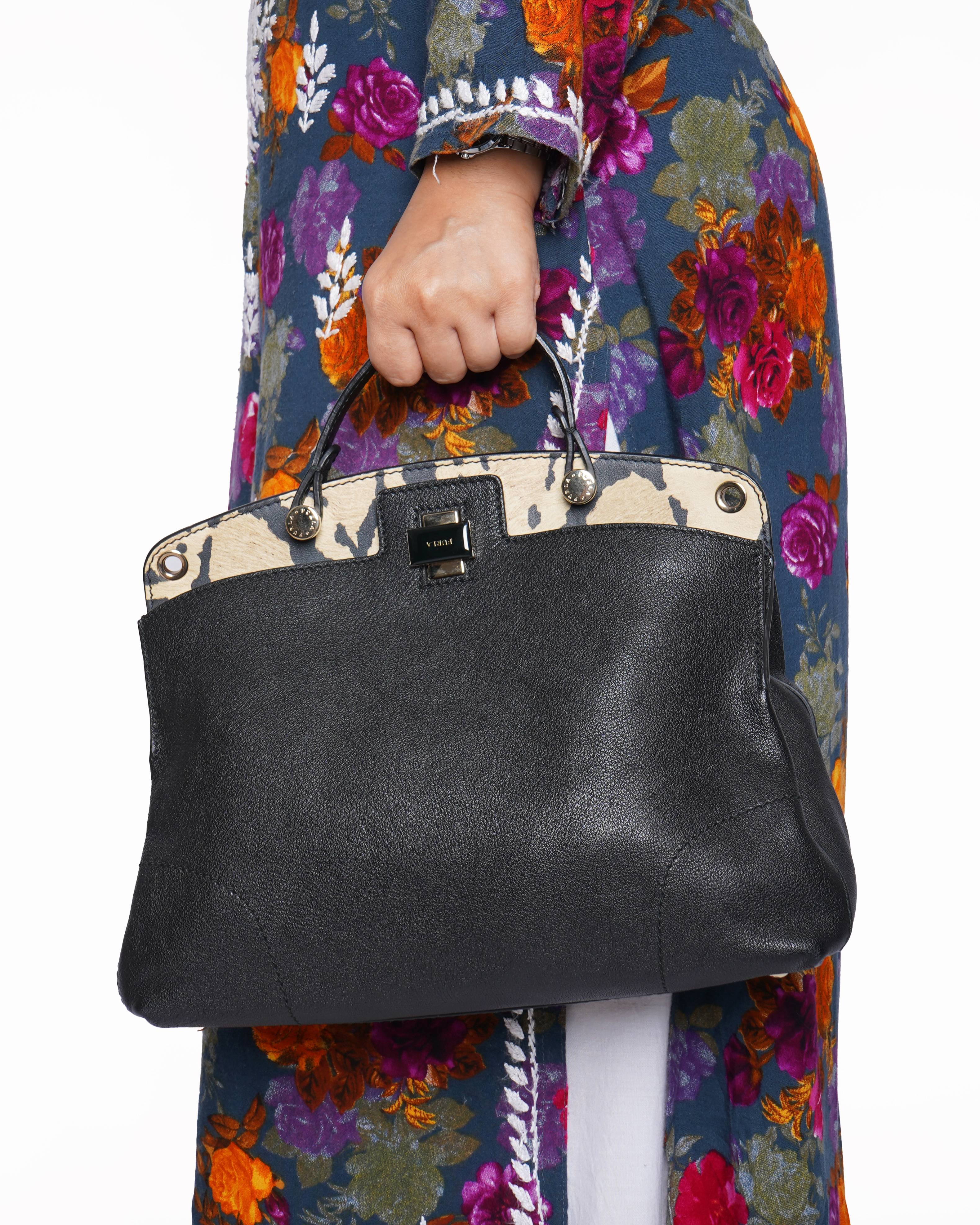 Furla Black/Animal Print Leather Piper Dome Satchel Handbag