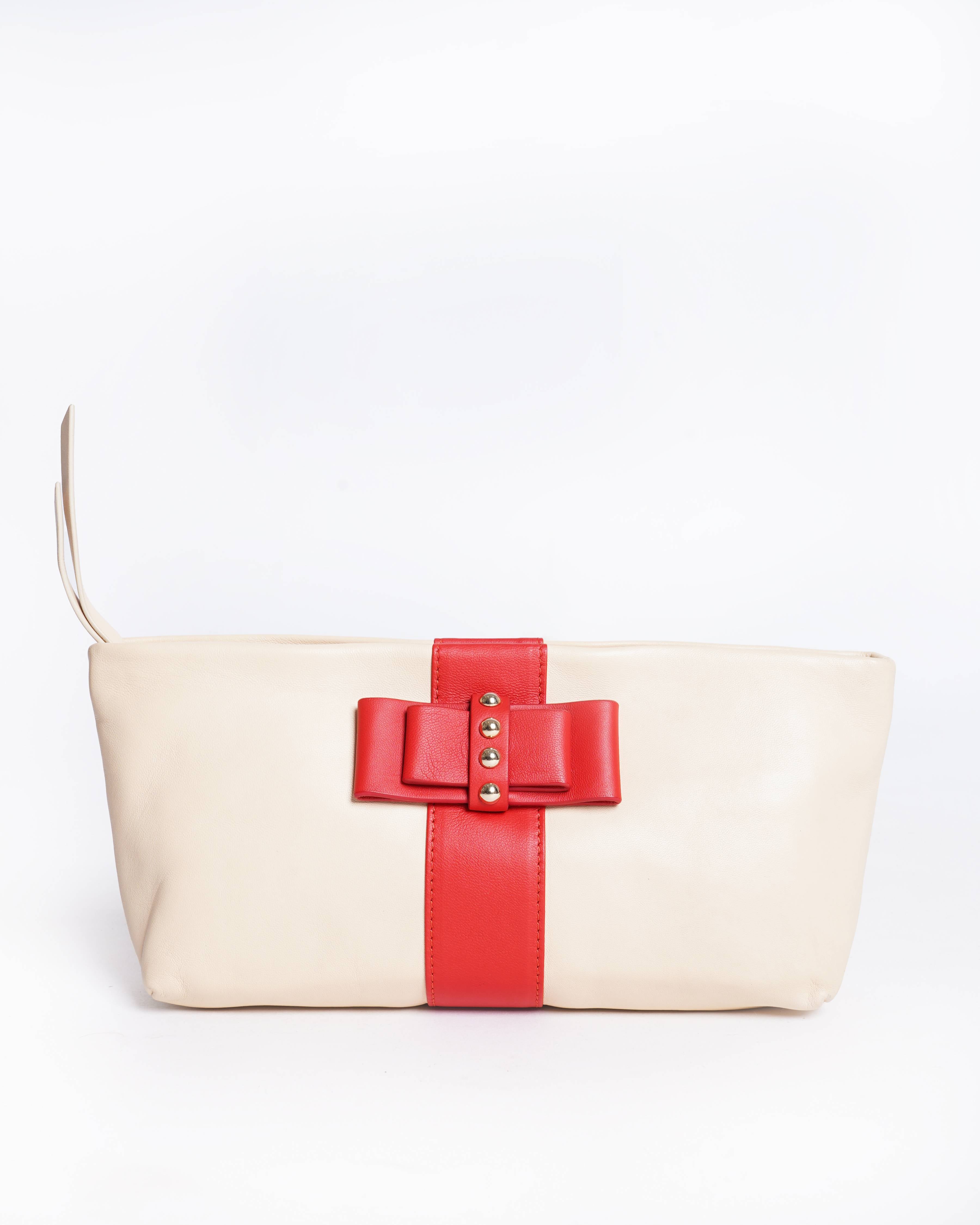 Christian Louboutin Cream & Red Leather Bow Clutch