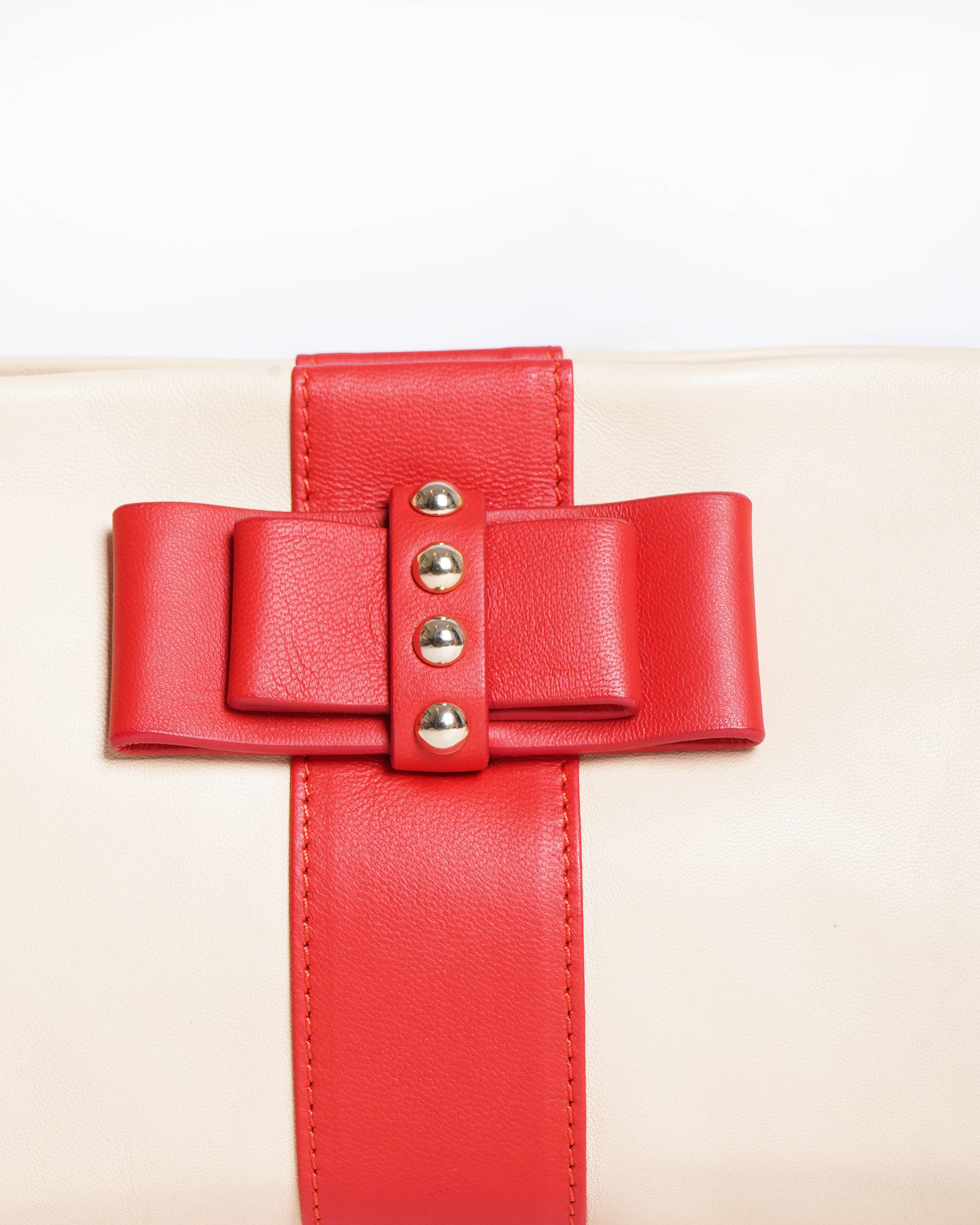 Christian Louboutin Cream & Red Leather Bow Clutch