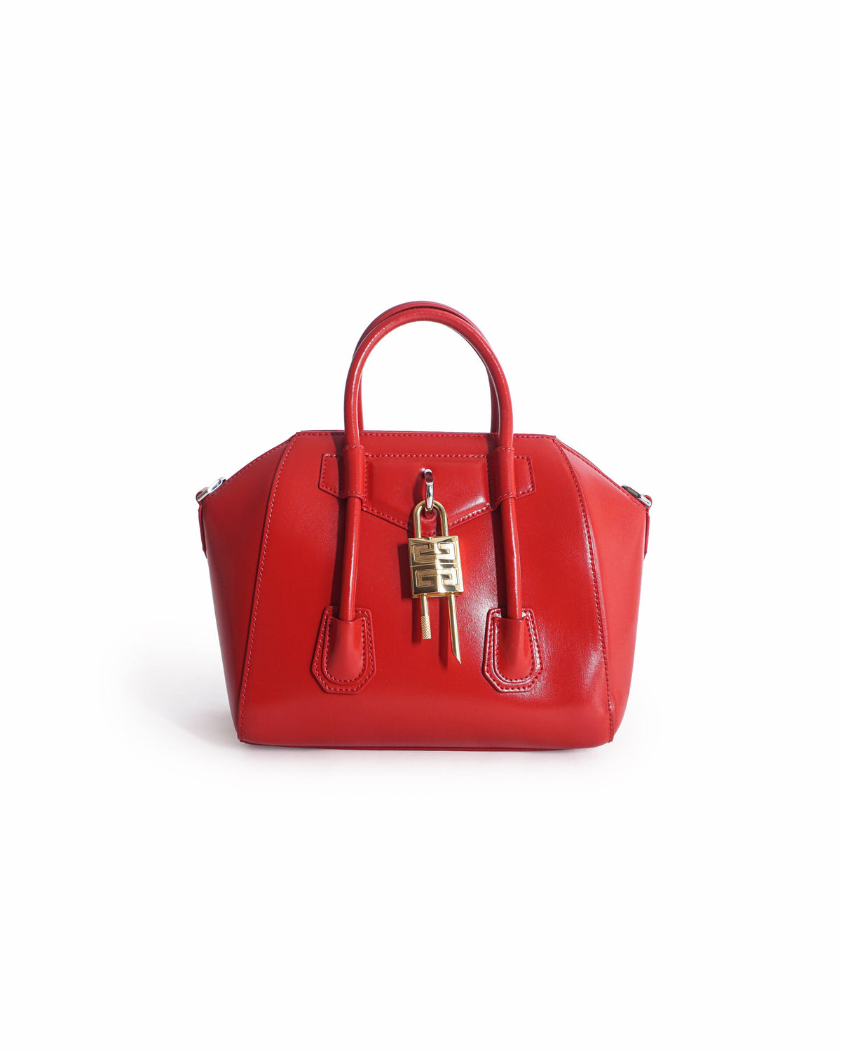 Givenchy Antigona Lock Red Top Handle Bag with Gold Padlock Charm