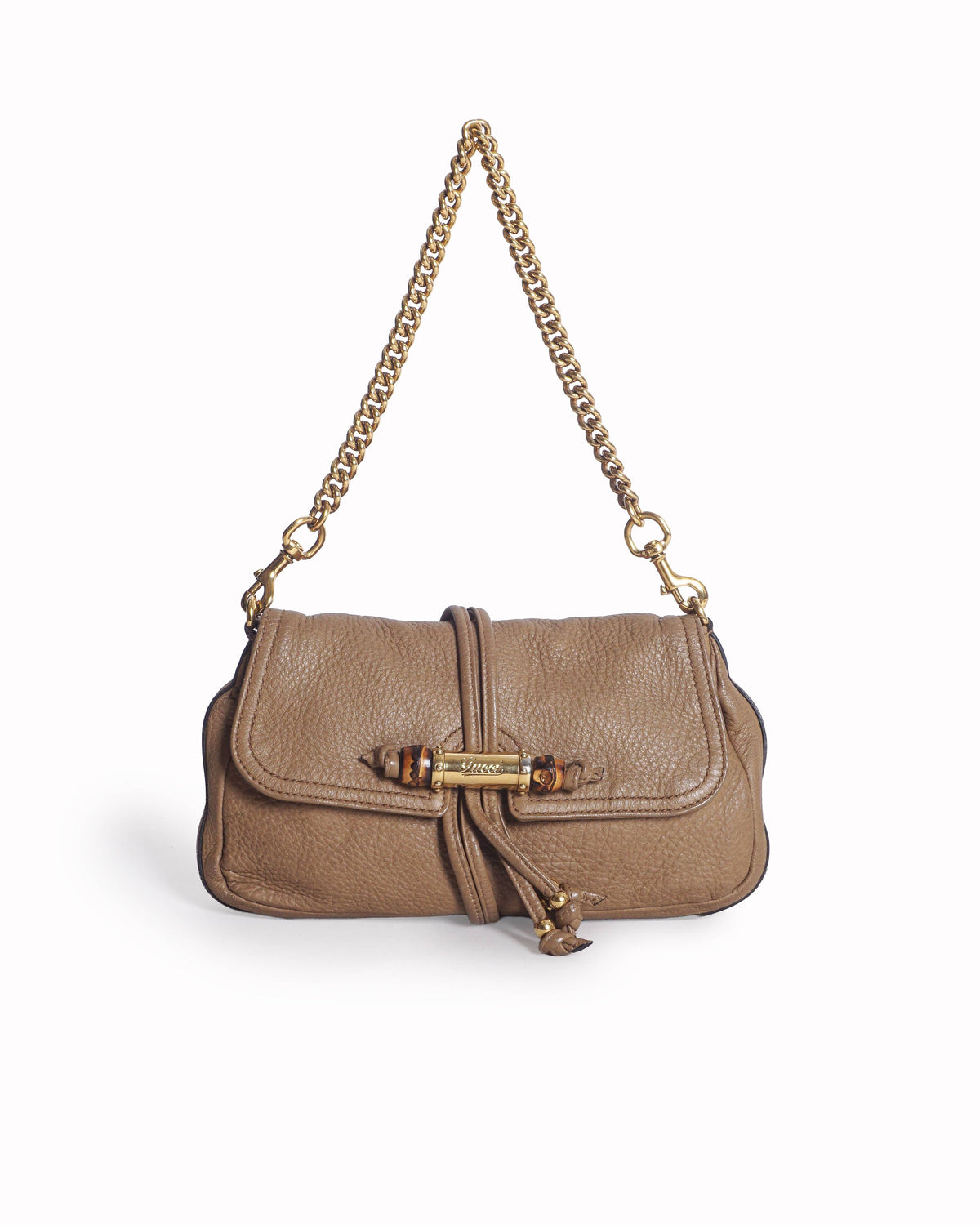 Gucci Beige Grained Leather Croisette Bamboo Shoulder Bag