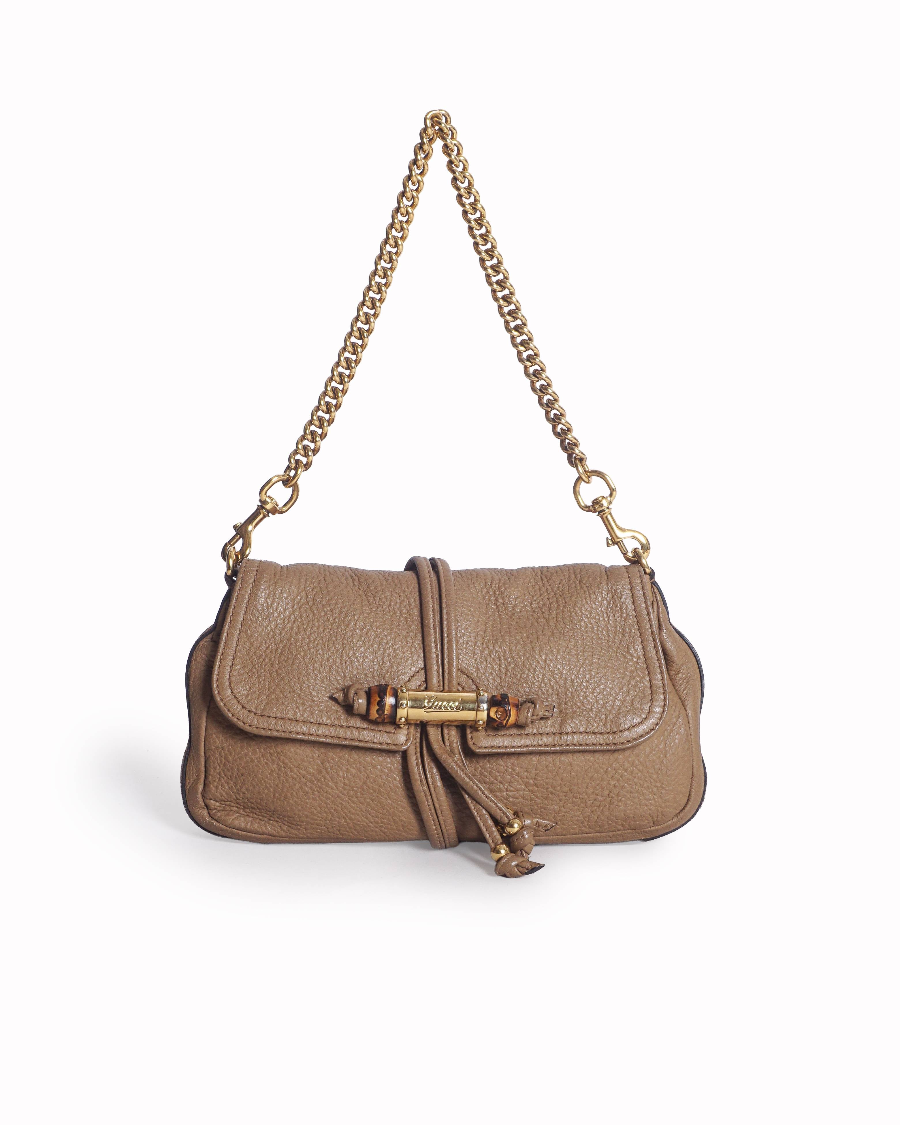 Gucci Beige Grained Leather Croisette Bamboo Shoulder Bag