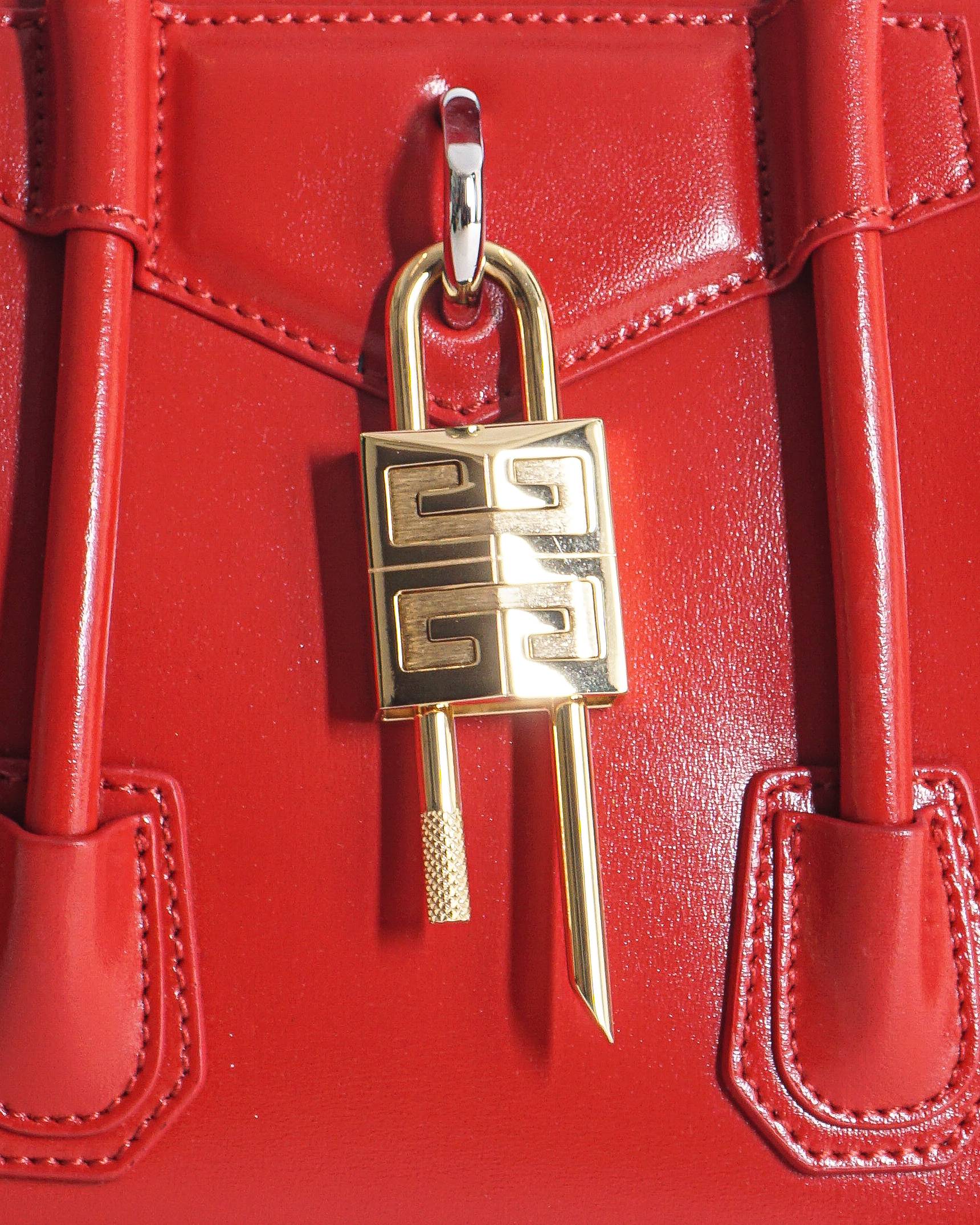 Givenchy Antigona Lock Red Top Handle Bag with Gold Padlock Charm