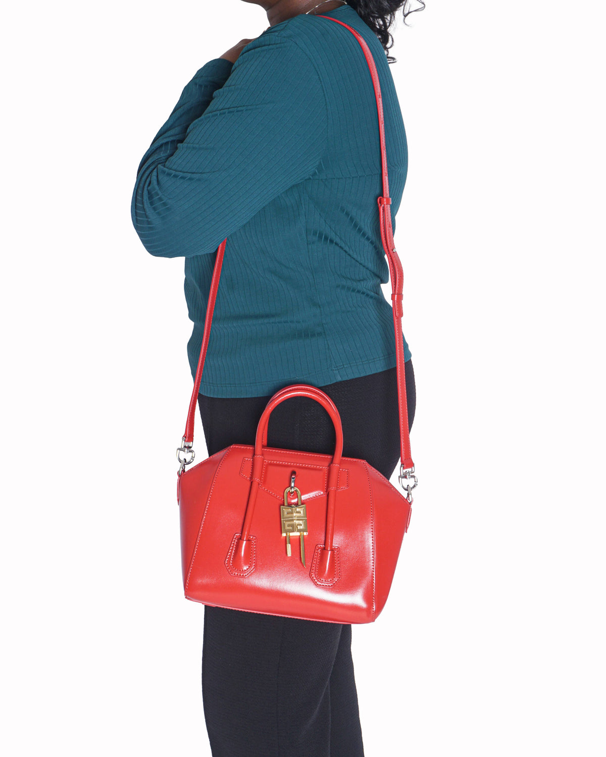 Givenchy Antigona Lock Red Top Handle Bag with Gold Padlock Charm
