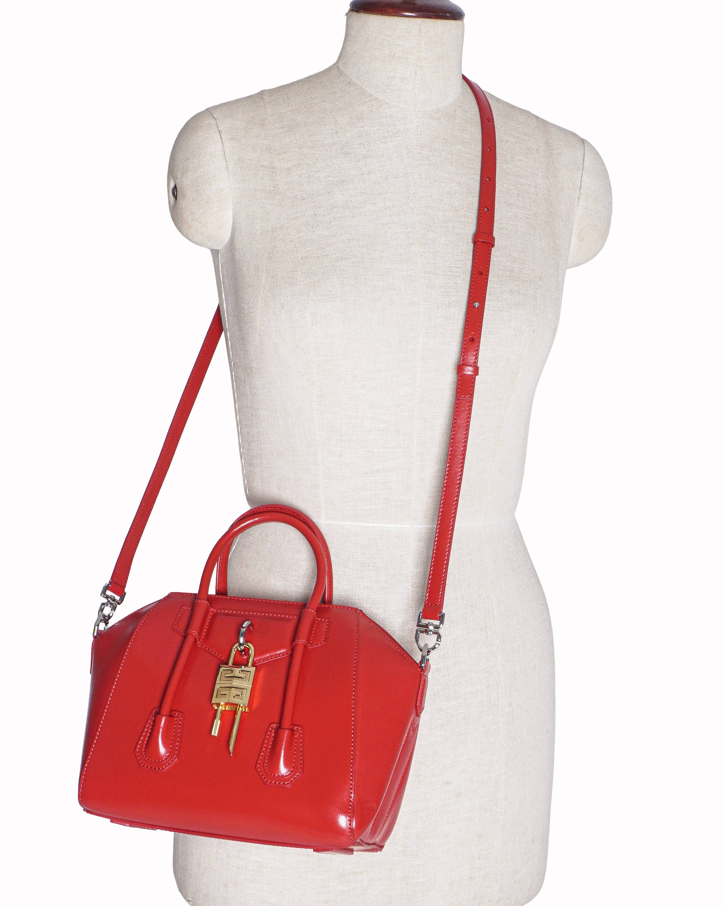 Givenchy Antigona Lock Red Top Handle Bag with Gold Padlock Charm