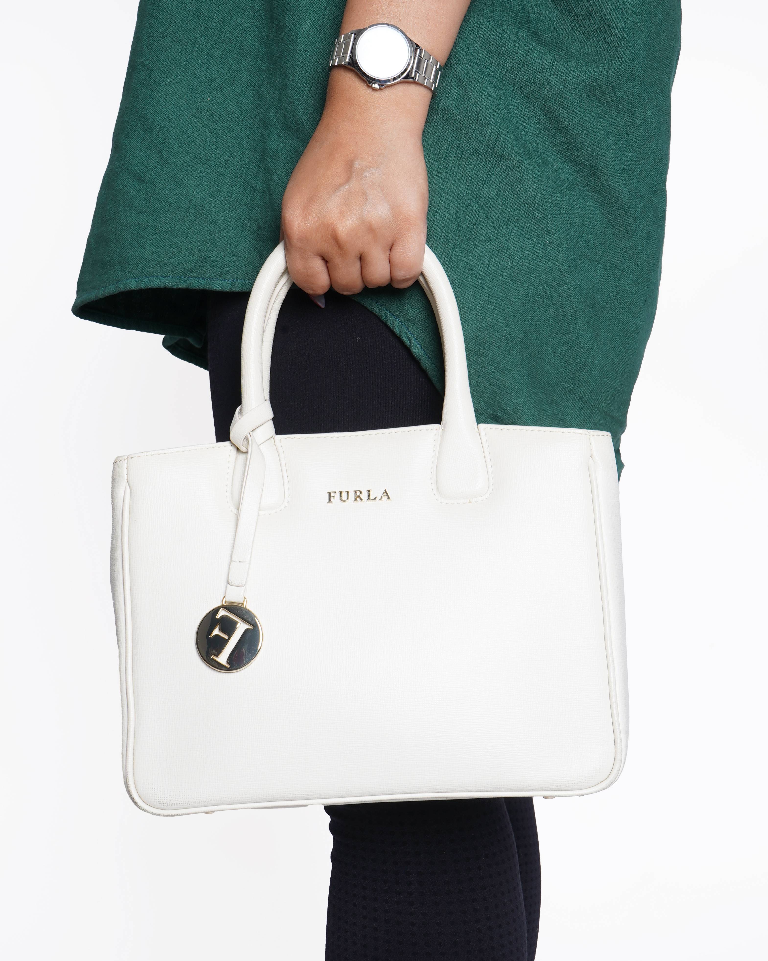 Furla white saffiano leather top handle bag