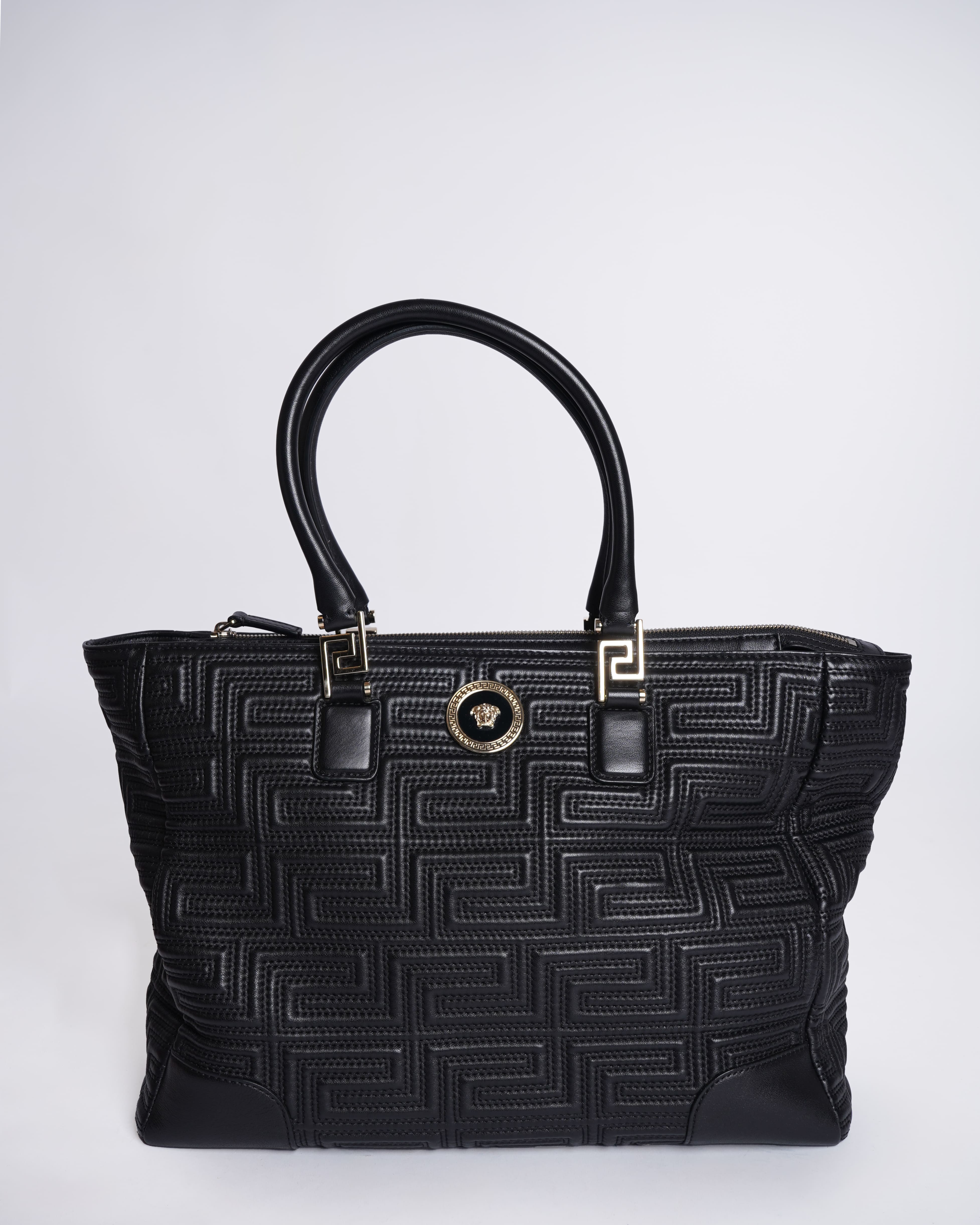Versace Quilted Top Handle Shoulder Bag In Black