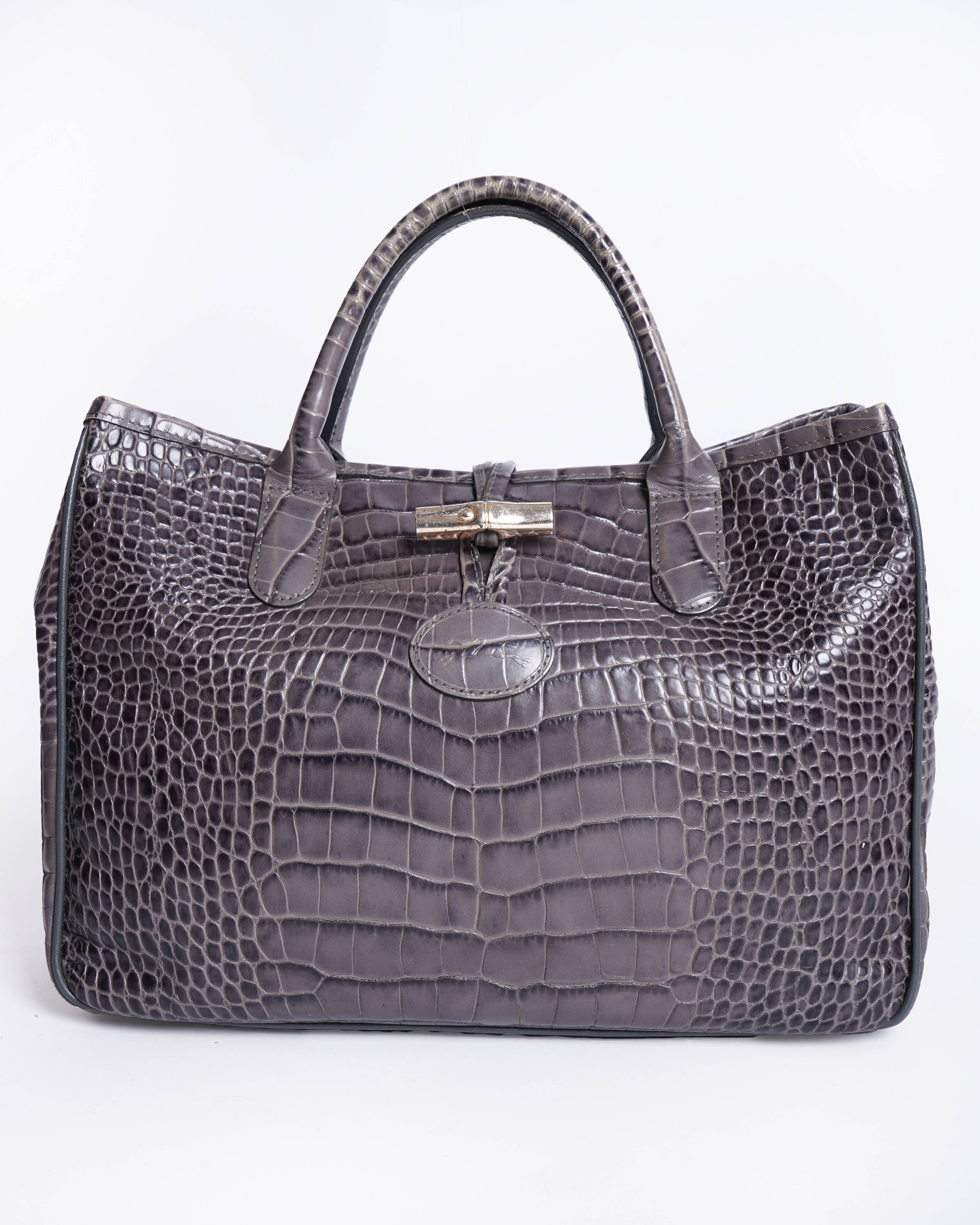Longchamp Roseau Grey Croc Embossed Leather Tote Bag | Authentic