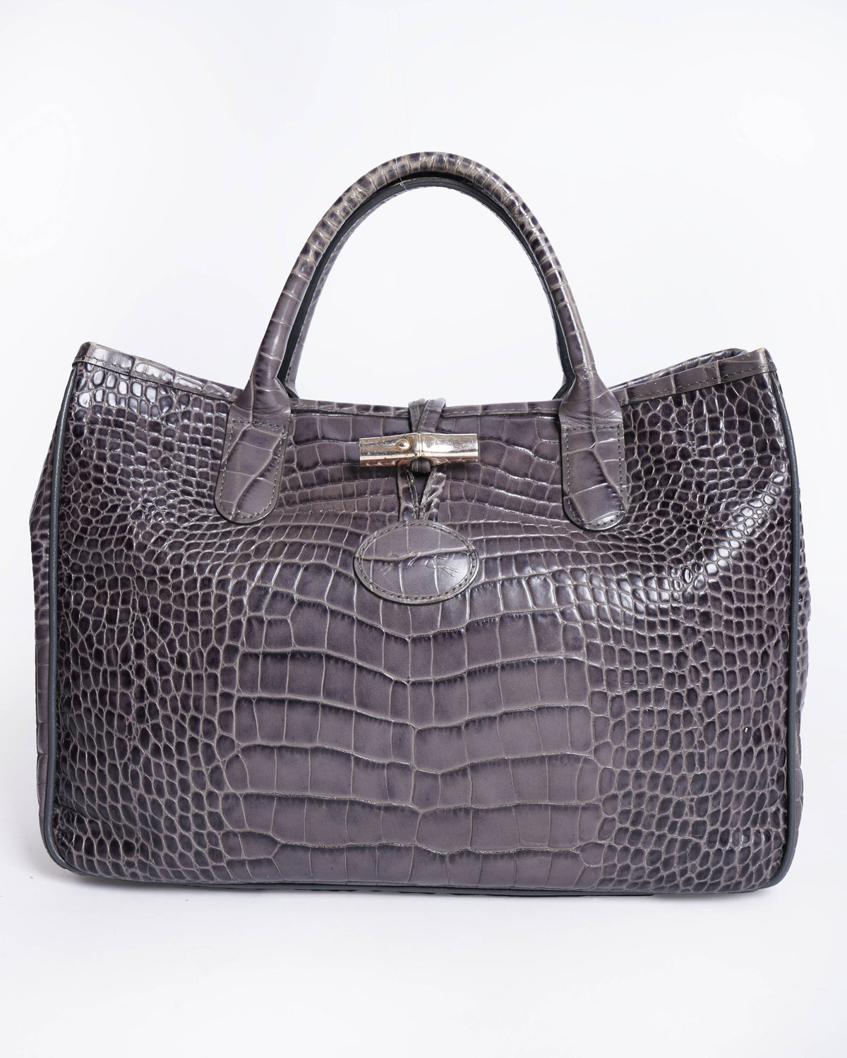 Longchamp Grey Crocodile Embossed Leather Roseau Tote