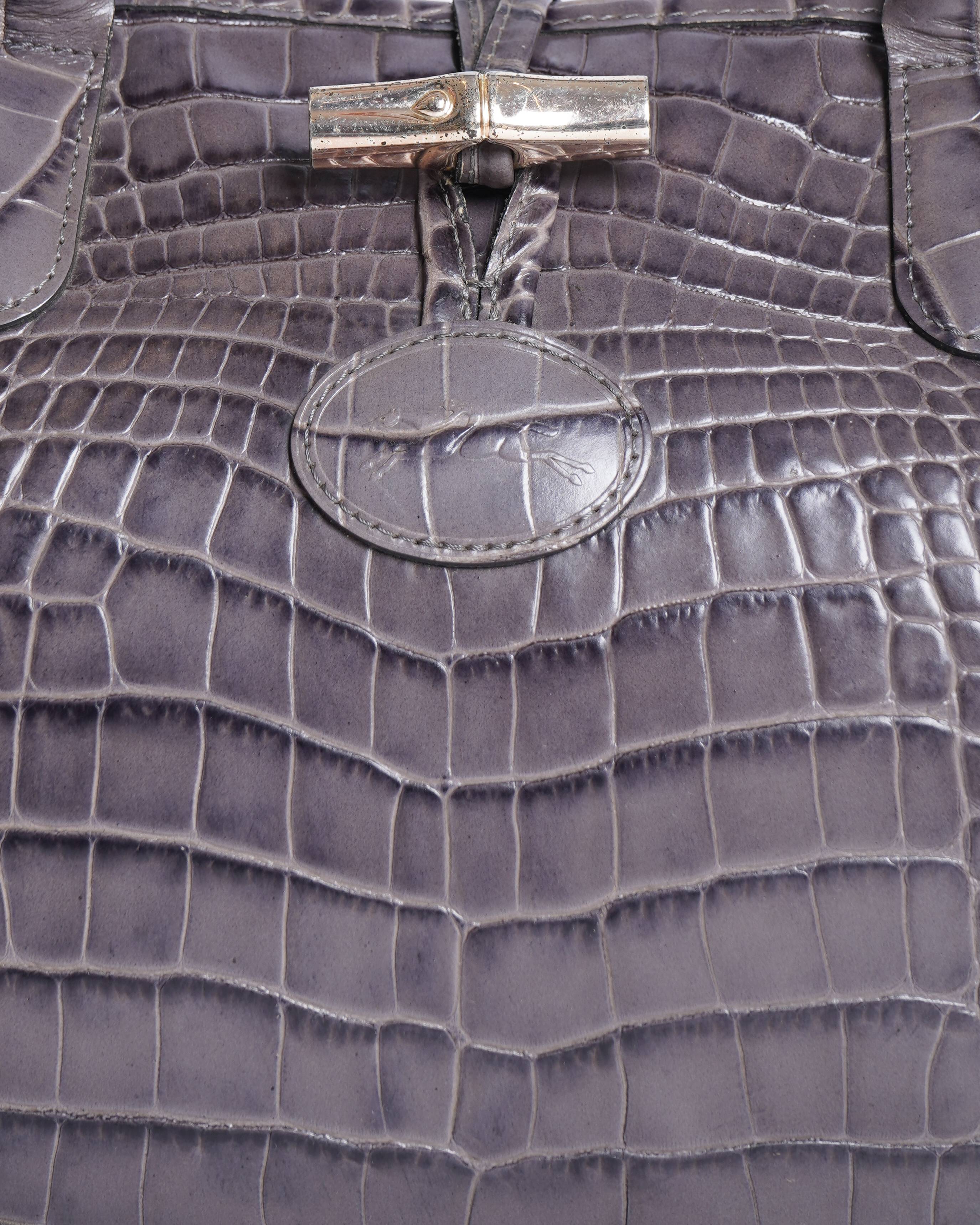 Longchamp Roseau Grey Croc Embossed Leather Tote Bag | Authentic