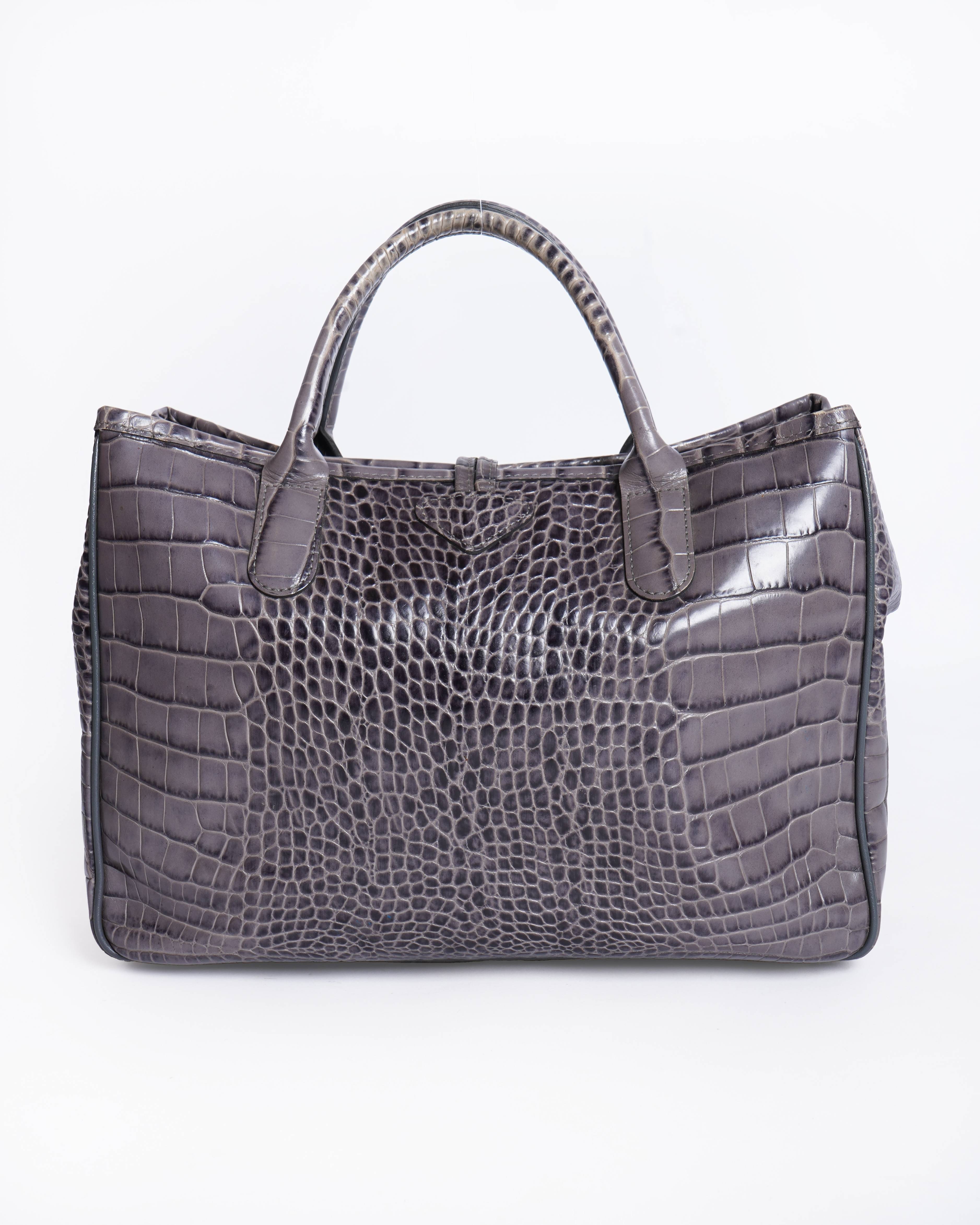 Longchamp Roseau Grey Croc Embossed Leather Tote Bag | Authentic