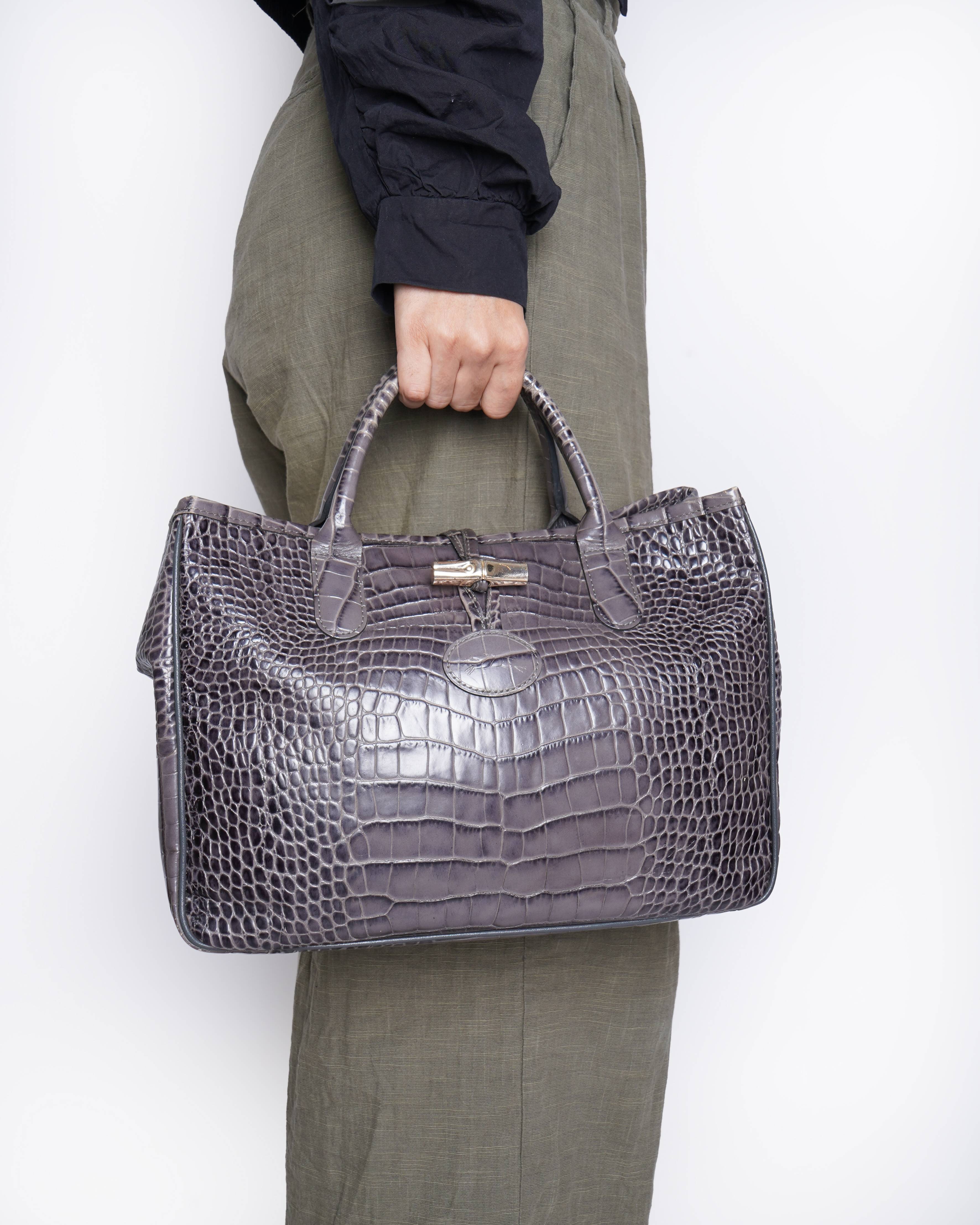 Longchamp Roseau Grey Croc Embossed Leather Tote Bag | Authentic