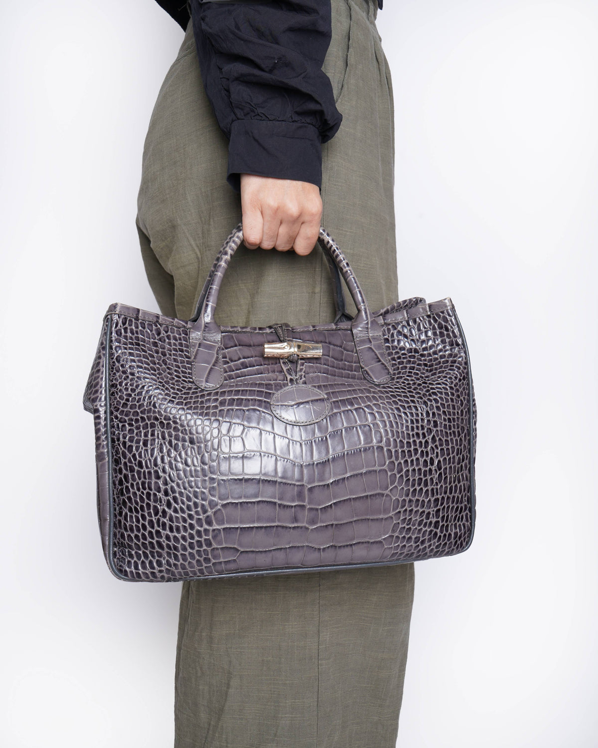 Longchamp Grey Crocodile Embossed Leather Roseau Tote