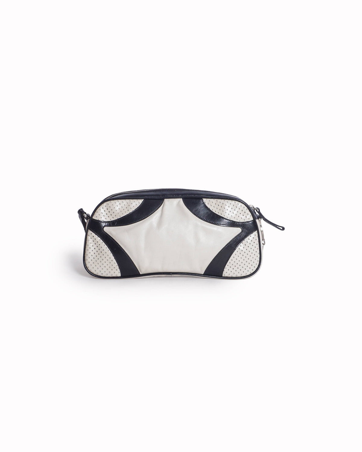 Prada Black and White Vitello Drive Perforated Leather Bowling Bag