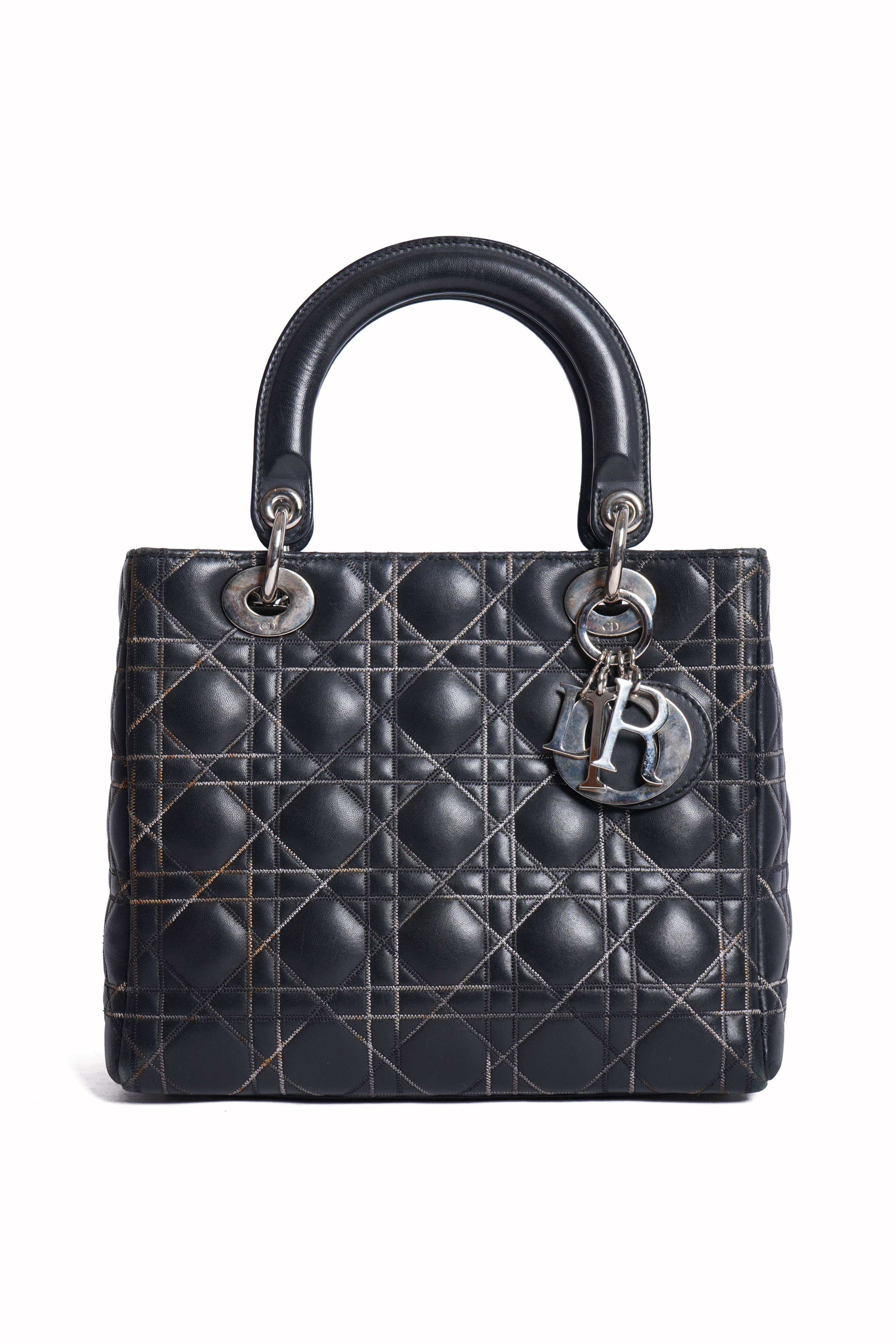 Christian dior limited edition medium lady dior in black Lambskin with Contrast / Criss-Cross Topstitching