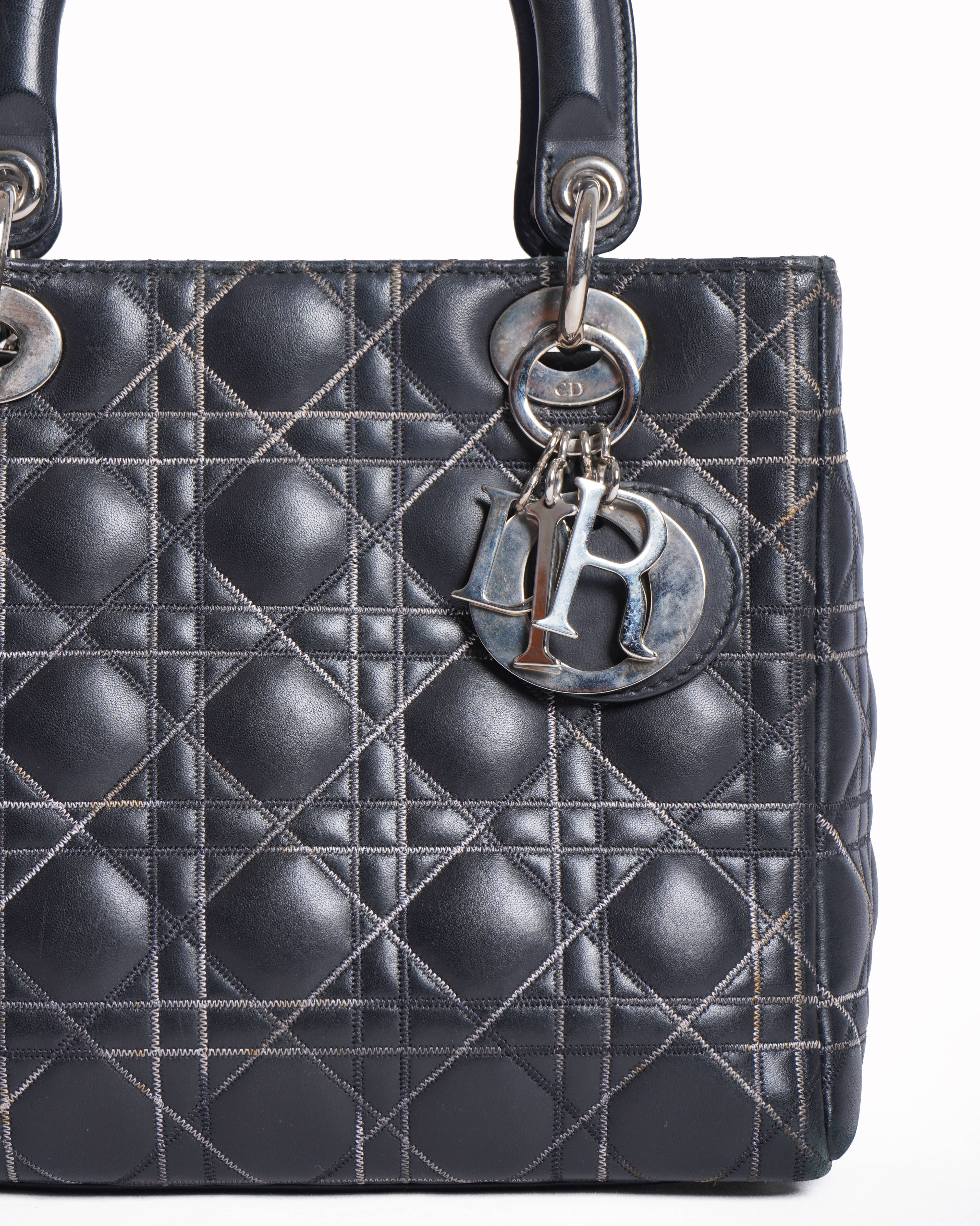 Christian dior limited edition medium lady dior in black Lambskin with Contrast / Criss-Cross Topstitching